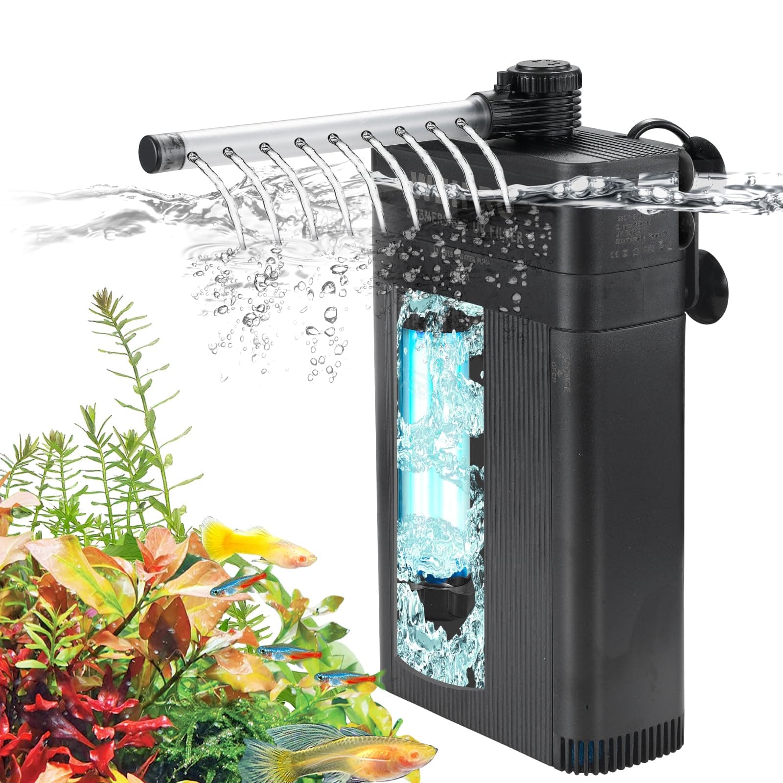 Internal Fish Tank Filter with 5W UV Light, Multi Filter Materials, Adjustable Water Flow Submersible 700L/H Aquarium Filter Pump for 120l ~ 180l Freshwater or 70l ~ 100l Saltwater, TU-700(700L/H)
