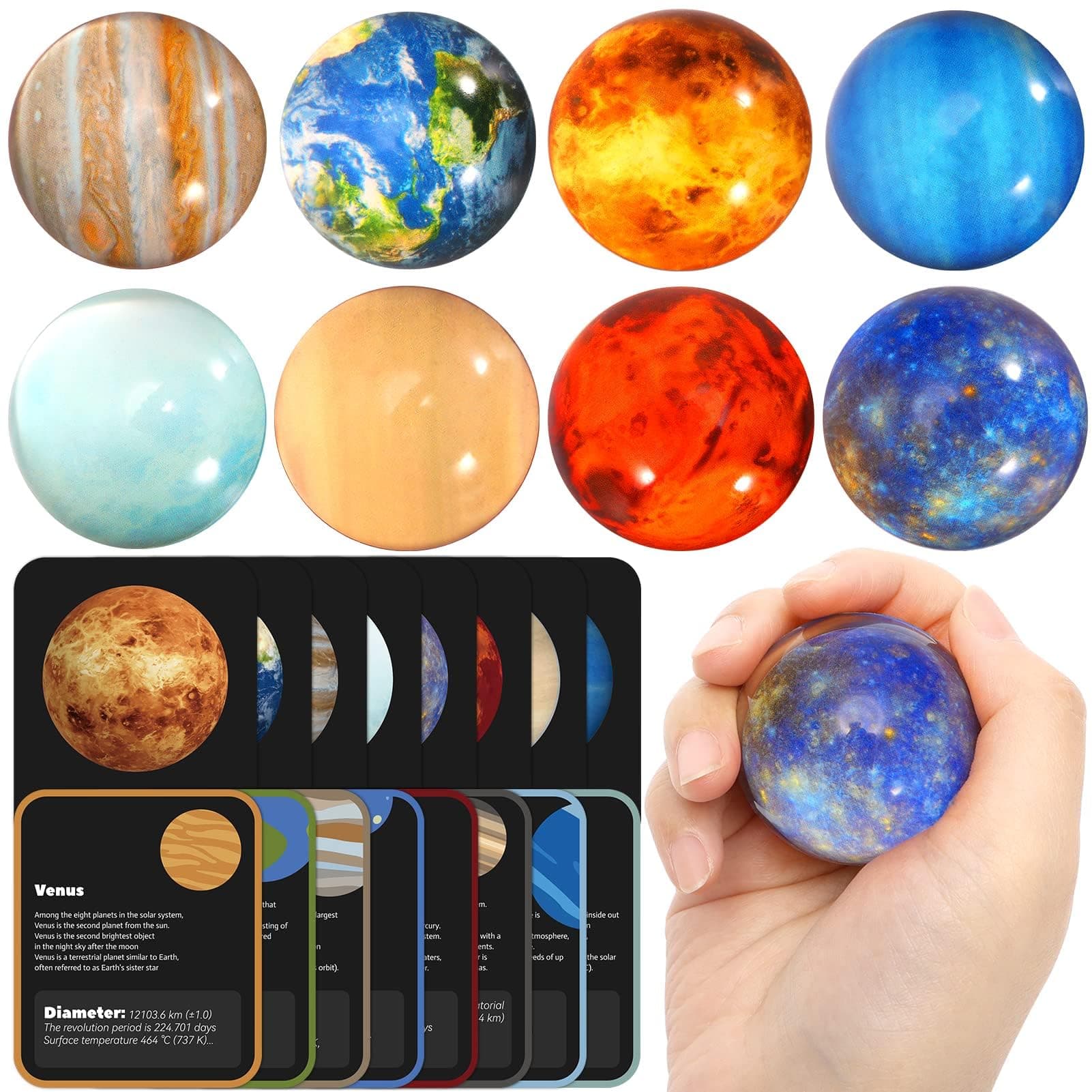 Pllieay 16PCS Solar System for Kids, Planets Toys Kids-8Pcs Space Eight Bouncy Balls+8Pcs Planetary Flashcards Kids Party Favors, Educational Toys, Space (B-036B)