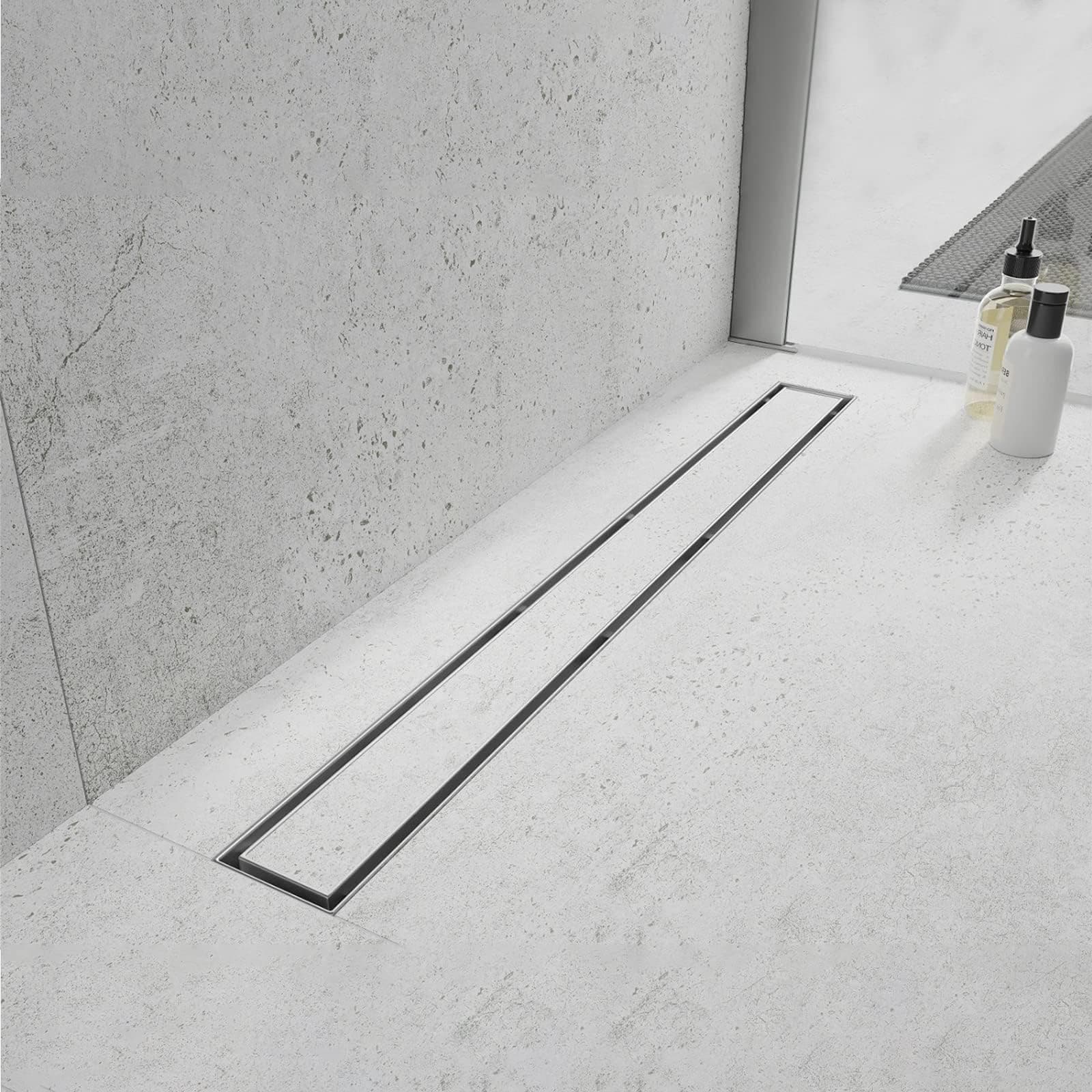 Linear Shower Drain, 40 inch Drain with Tile Insert 2-in-1 Panel, Brushed 304 Stainless Steel Shower Floor Drain, Linear Drain with Hair Strainer and Adjustable Feet