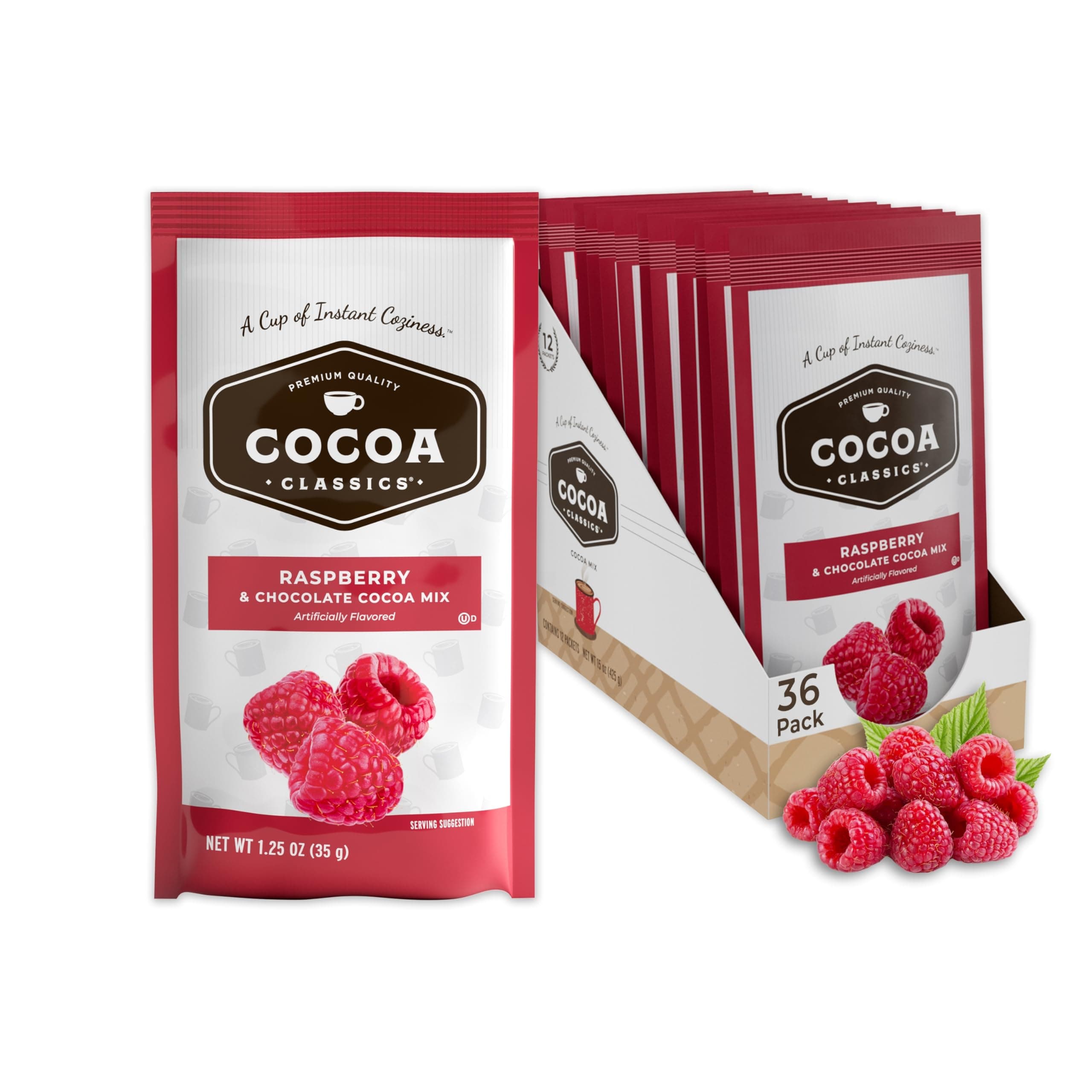 Raspberry Cocoa Mix, Hot Chocolate, Made with Nonfat Milk, Just Add Hot Water, Make Hot or Iced Cocoa, Gluten Free & Kosher Dairy Friendly, 1.25oz Packets (Pack of 36)