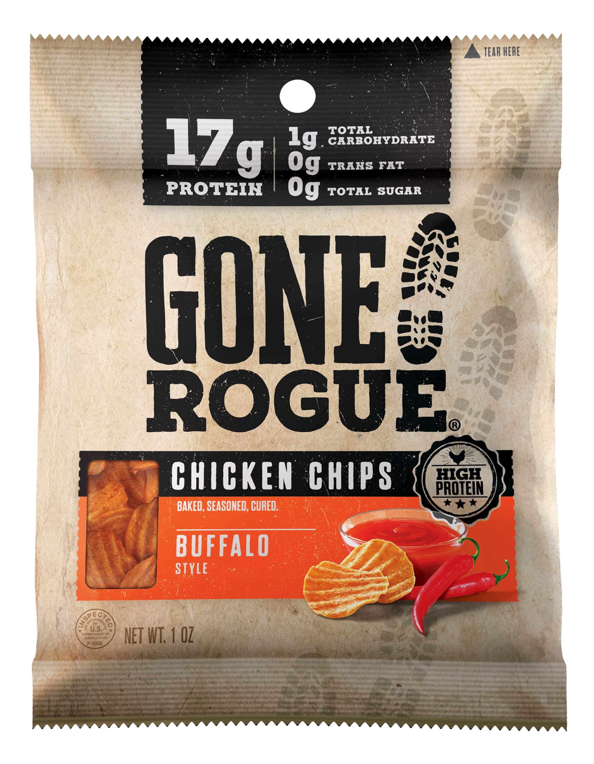 Gone Rogue High Protein Buffalo Style Chicken Chips, Low Carb, Gluten Free, Keto Friendly Snacks, 8 pack