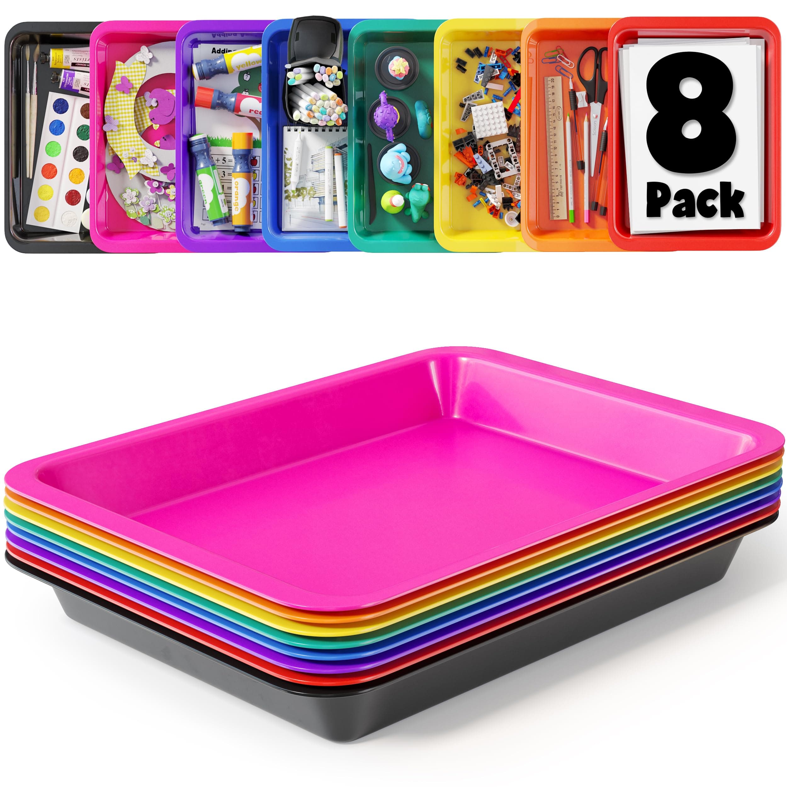 DOODLE HOG Set of 8 Art Trays for Kids, Great for Lego, Sand, Crafts, Painting, Montessori, Rainbow Tray for Classroom, Craft Trays for Kids
