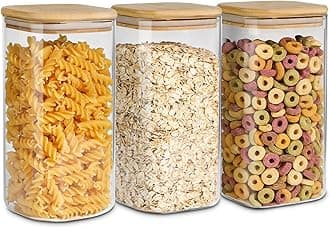 Airtight Glass Storage Canister with Wood Lid (1.6 Qt), Clear Food Storage Container Jar with Sealing Lids for Oat Pasta Flour Cereal Rice Sugar Tea Coffee Beans, Set of 3 Square Cookie Jar