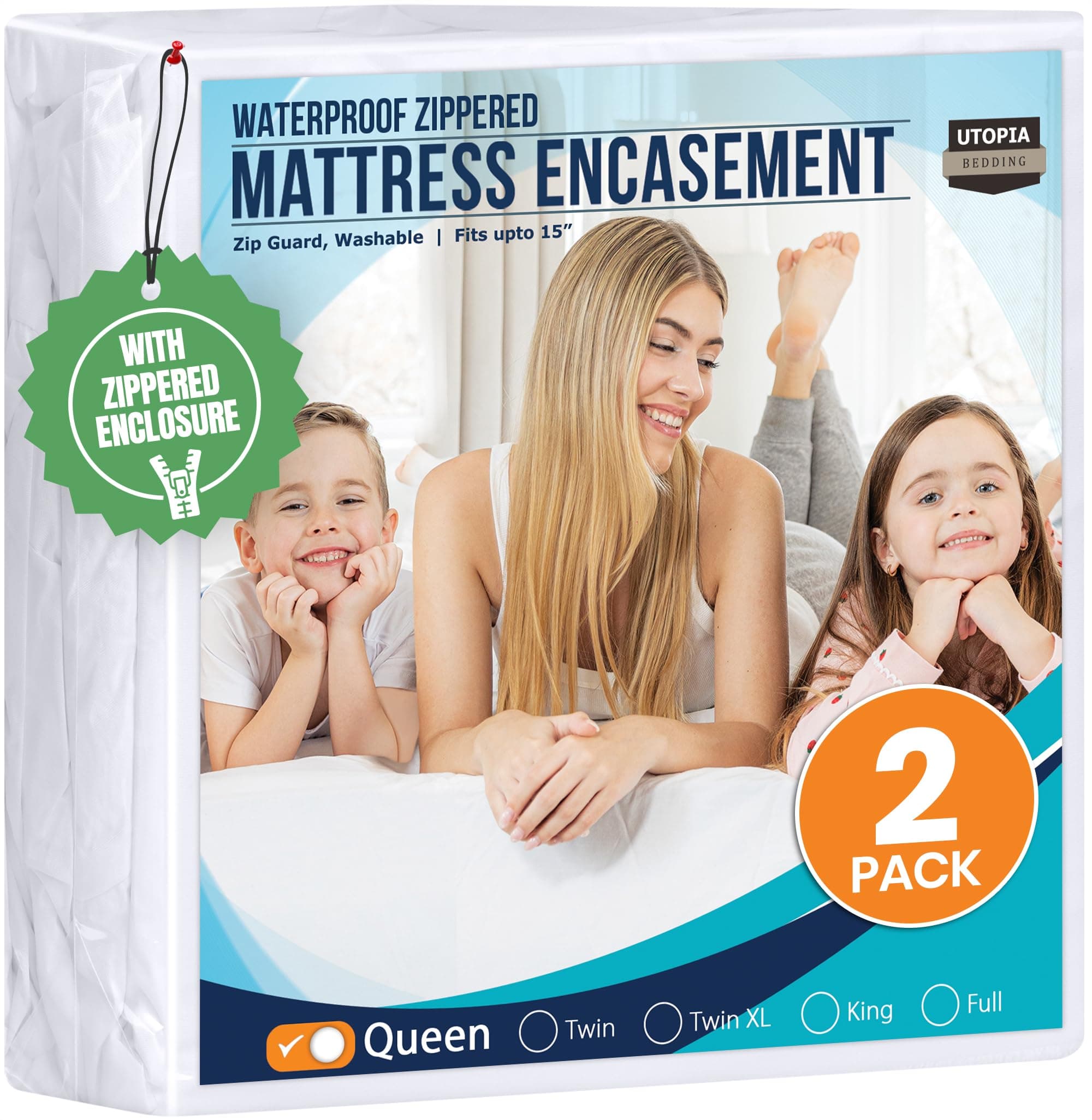 Utopia Bedding Mattress Protector Zippered Queen Size (Pack of 2), 100% Waterproof Bed Bug and Dust Mite Proof Mattress Encasement, Absorbent 6 Sided Mattress Cover