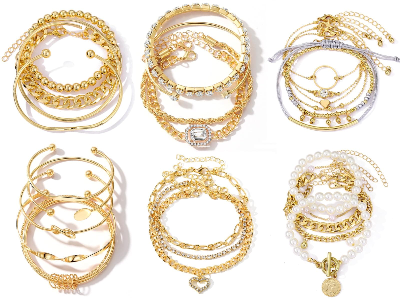 IFKM 6 PACK (24 PCS) Boho Gold Chain Bracelets Set for Women, 14K Gold Plated Multiple Layered Stackable Open Cuff Wrap Bangle Adjustable Link Italian Cuban Jewelry for Women Gift