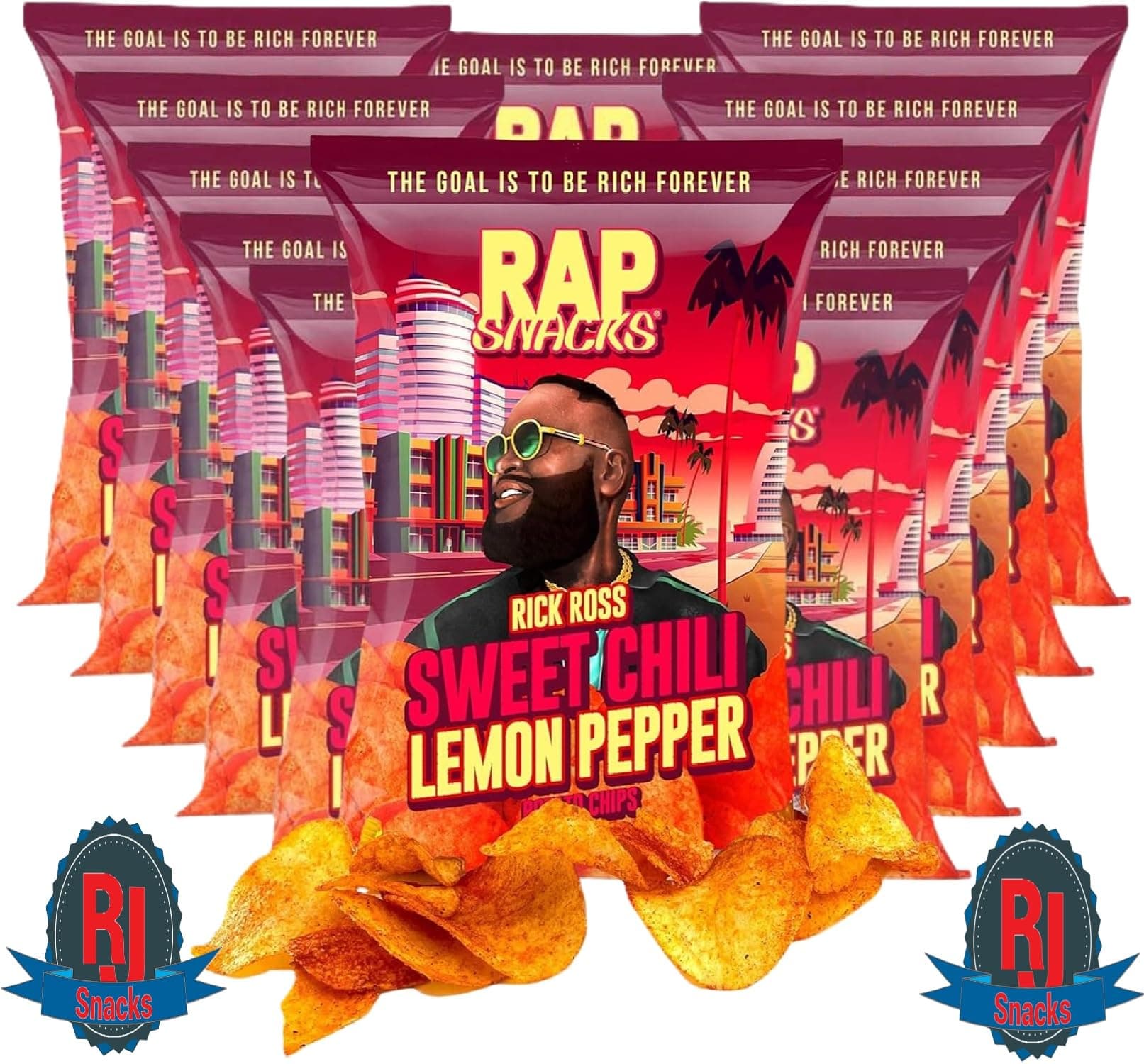 Rap ` Snacks Potato Chips 5 oz (Curated by RJ Snacks Value Pack) (Pack of 6, Rick Ross Sweet Chili Lemon Pepper)
