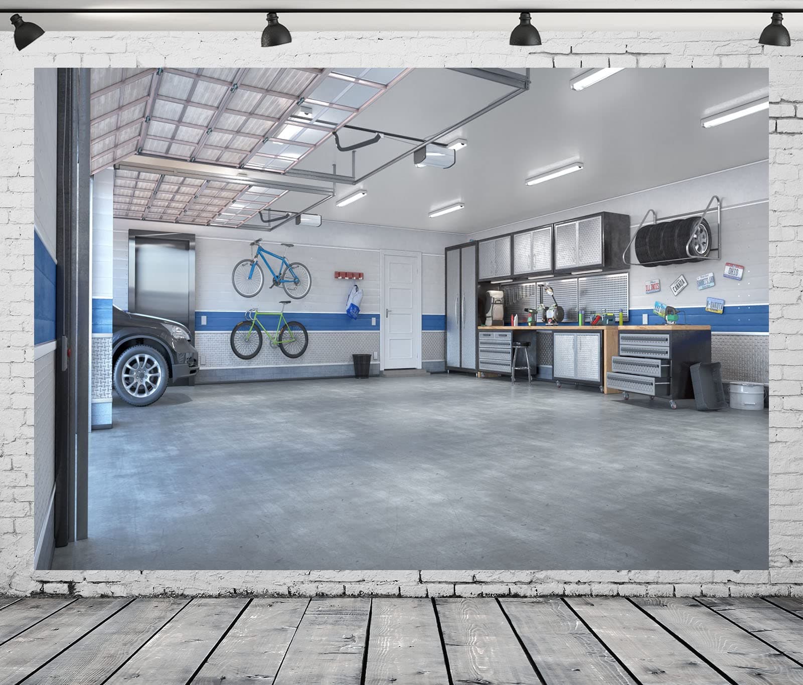 CORFOTO 6x4ft Fabric Modern Garage Interior Backdrop Garage with Tools Equipment Car Wheels Bikes on Wall Photography Background for Men Boys Artistic Portraits Kids Boy Photo Booth Studio Props