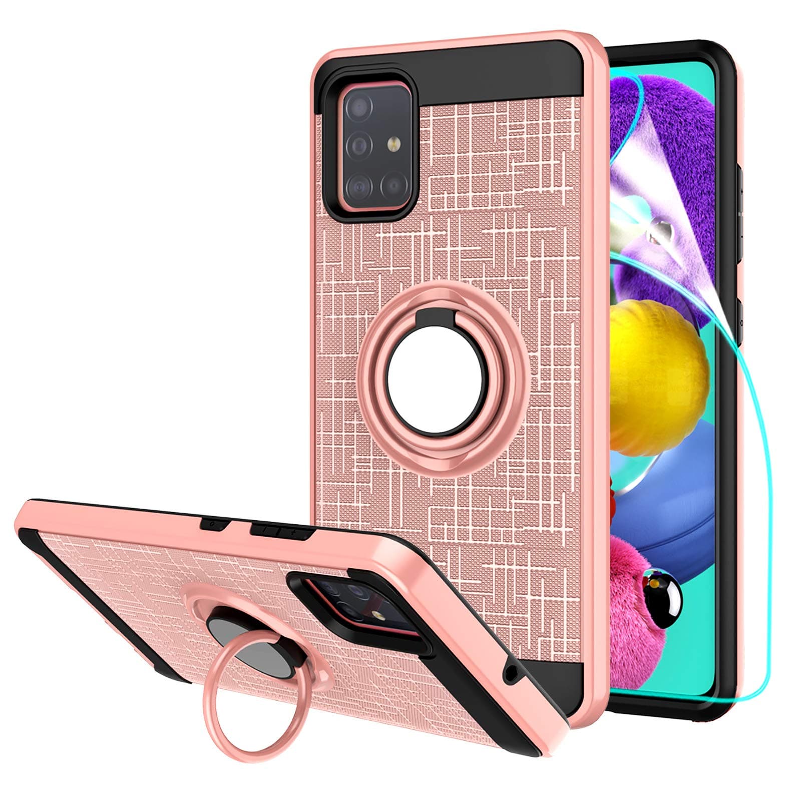 StarLodes Compatible for Samsung Galaxy A51 Case,A515 Phone Case,(NOT for 5G Version)[HD Screen Protector] Shockproof Protective Cover with Rotatable Ring Kickstand Fit Magnetic Car Mount-Rose Gold