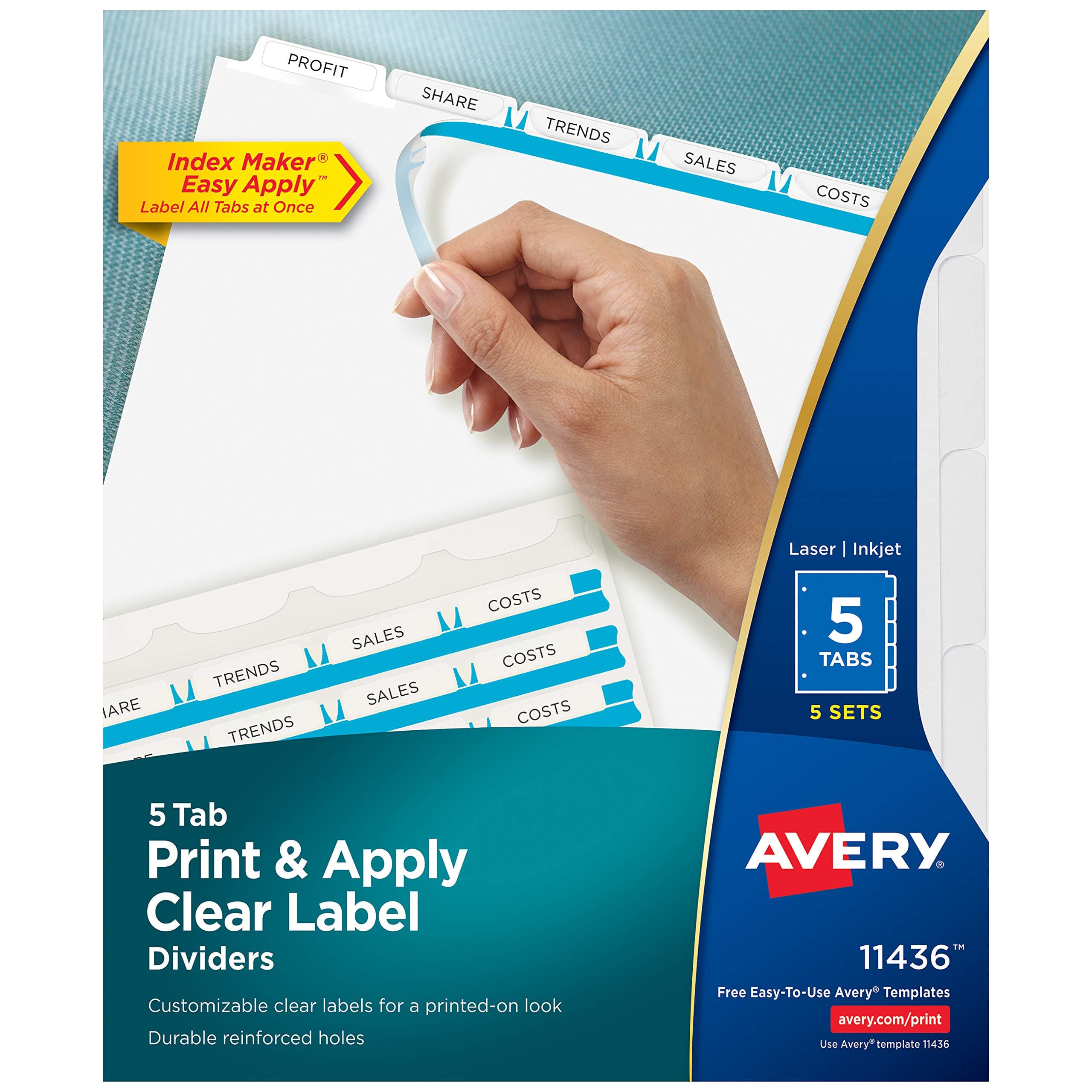 Avery 5 Tab Dividers for 3 Ring Binder, Easy Print & Apply Clear Label Strip, Index Maker Customizable White Tabs, 5 Sets (11436)