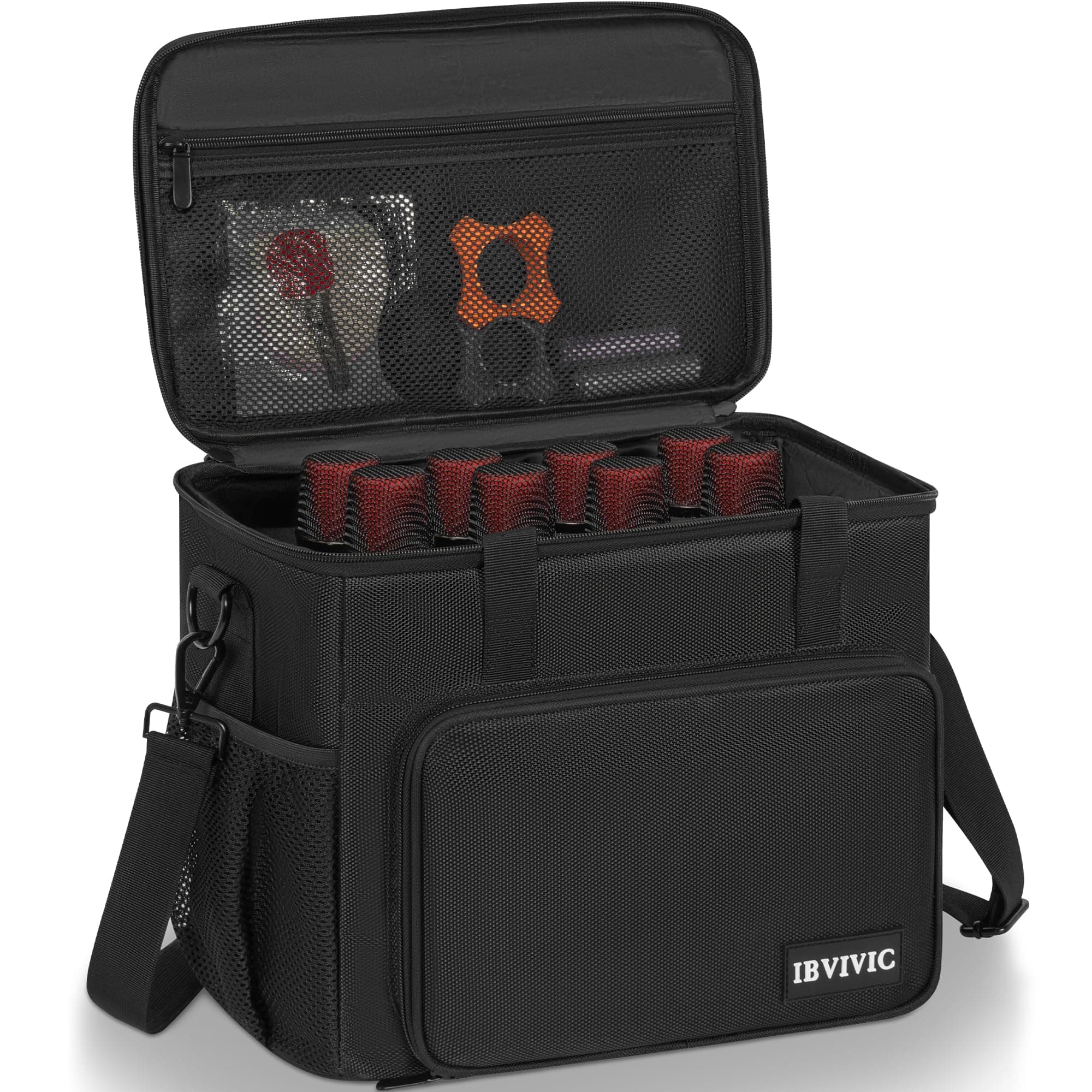 IBVIVIC 8 Slots Wireless Microphone Case with Foam, 1680D Heavy Duty Oxford Fabric Microphone Bag with Shoulder Strap, Black