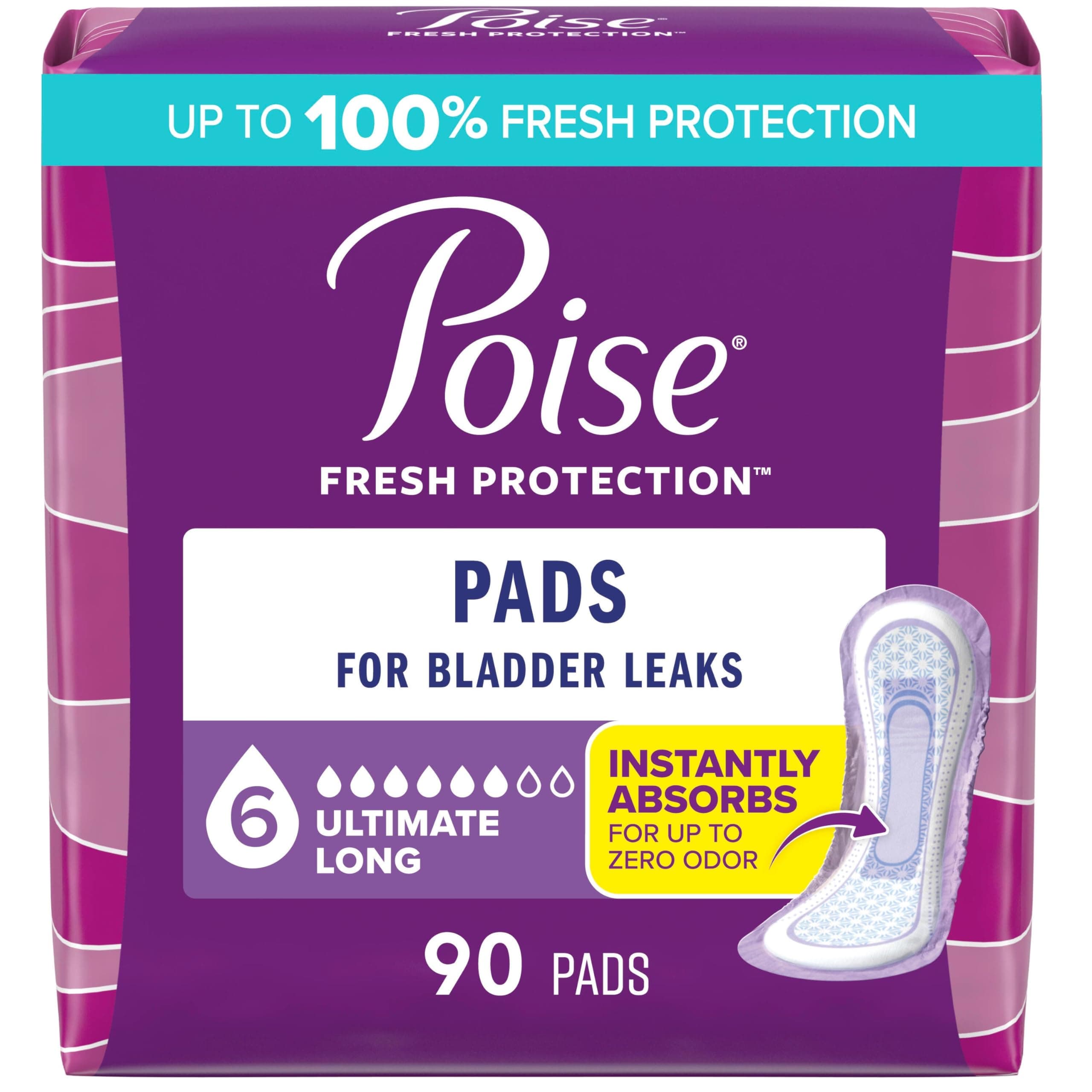 Poise Incontinence Pads, Original Design, Ultimate Absorbency, Long, 90 Count (2 Packs of 45)