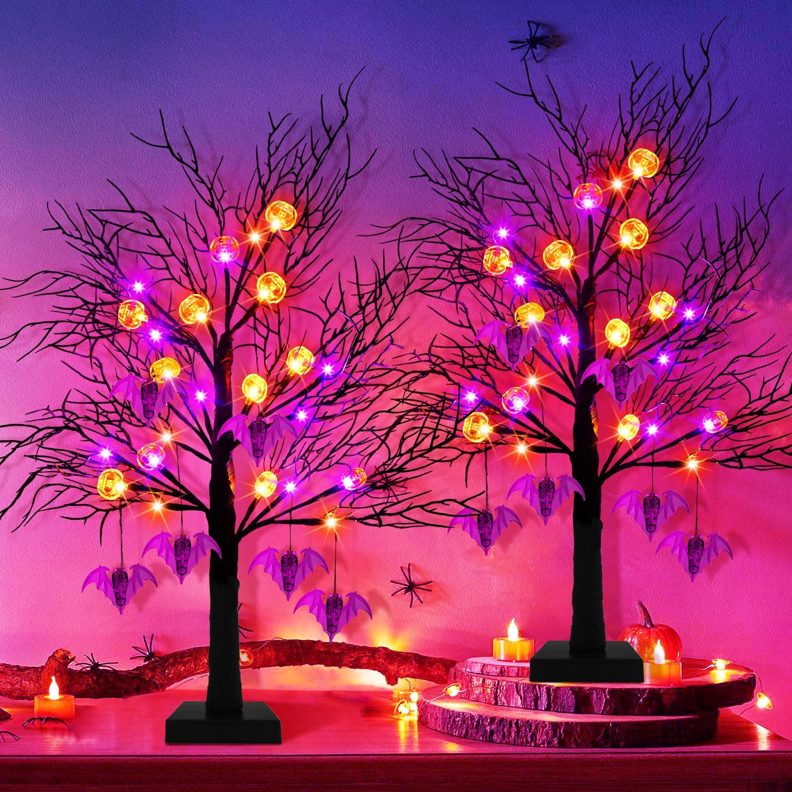 2 Pack 24 Inch Black Halloween Tree Lights, 24 LED Light Up Spooky Tree with Orange & Purple Pumpkin Bat Lights Battery Operated Tabletop Halloween Tree with Timer for Halloween Decorations