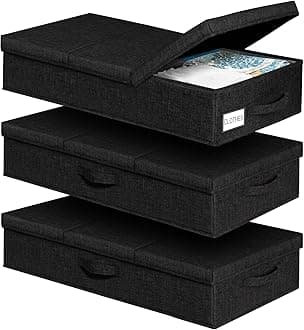 mepure 3 Pack Under Bed Storage Box with Lid, Sturdy Side & Bottom Support Underbed Storage, Foldable & Stackable Storage Boxes，Clothes, Bedding, Wardrobe Organiser,79x40x15cm, Black