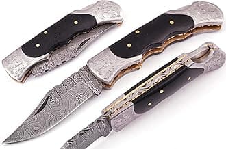 Hand made Damascus steel blade Folding/Pocket Hunting knife, Razor Sharp Edge with leather sheath, knives for men,women best gift (HORN)