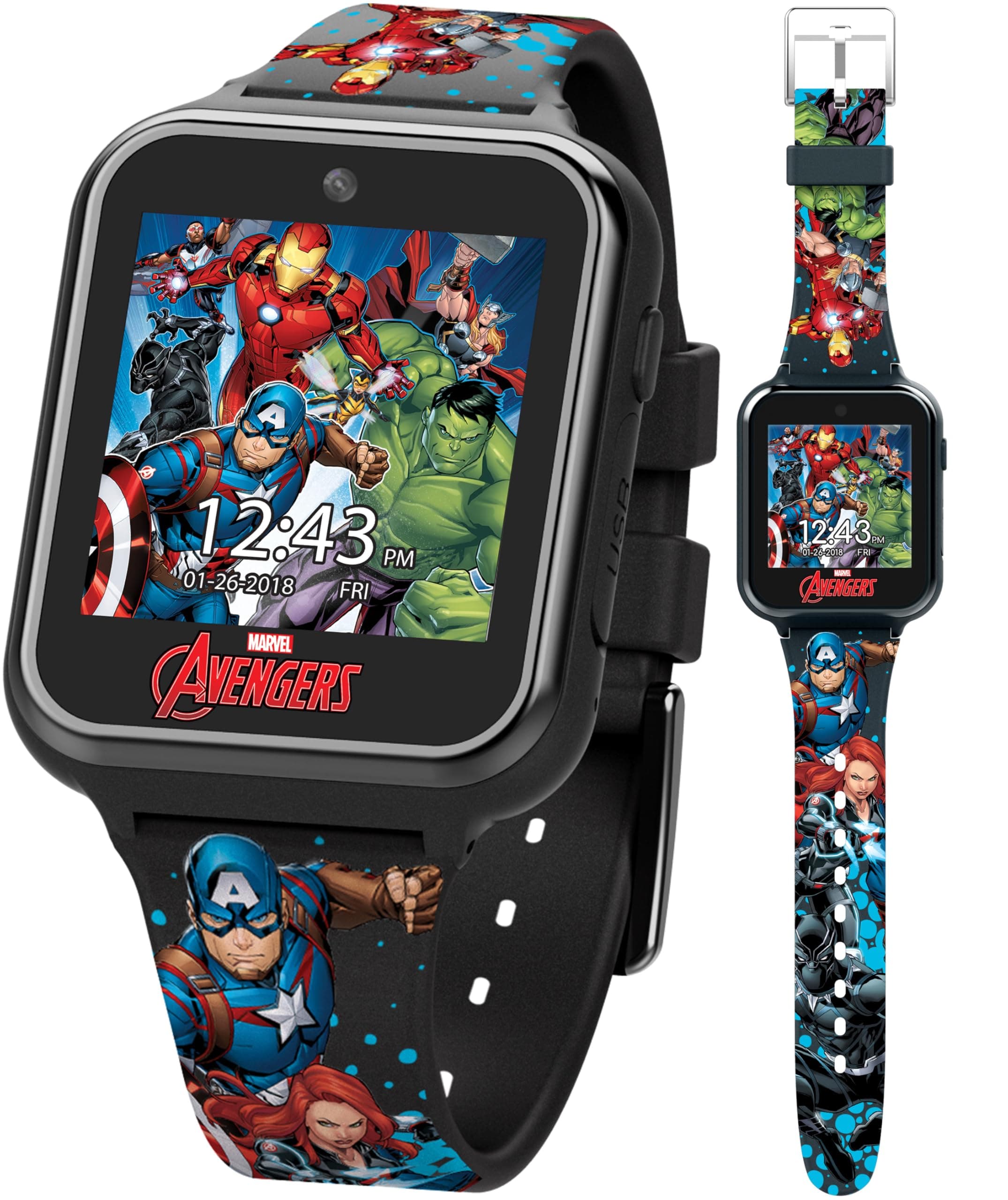 Marvel Avengers Interactive Kids Smartwatch – Touchscreen Watch with Games, Camera, Voice Recorder, Step Tracker, Timer & Alarm – 10 Watch Faces, USB Rechargeable – Fits Wrists 5.5" to 8"