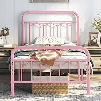 Yaheetech Twin Size Metal Bed Frame with Vintage Headboard and Footboard, Farmhouse Metal Platform Bed, Heavy Duty Steel Slat Support, Ample Under-Bed Storage, No Noise, No Box Spring Needed, Pink
