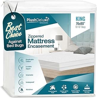 PlushDeluxe Zippered Mattress Encasement, Waterproof, Bed Bug & Dust Mite Proof 6-Sided Protector Cover, (Fits 9-12 Inches H) King