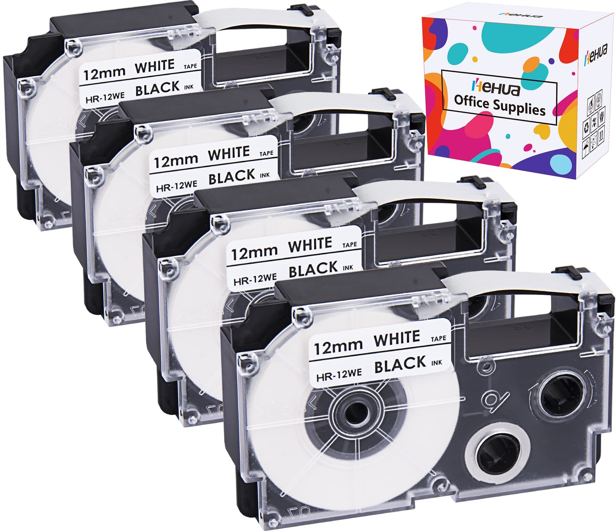 4 Pack Compatible XR-12WE2S 12mm Labeling Tapes Replace for Casio Label It Tape Cartridge 12mm Black on White XR-12WE XR12WE for EZ Label Printers KL-60 KL-100 KL-120 KL-430 KL-750 KL-780 KL-820