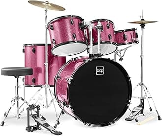 Best Choice Products 5-Piece Full Size Complete Adult Drum Set w/Cymbal Stands, Stool, Drum Pedal, Sticks, Floor Tom - Pink Sparkle