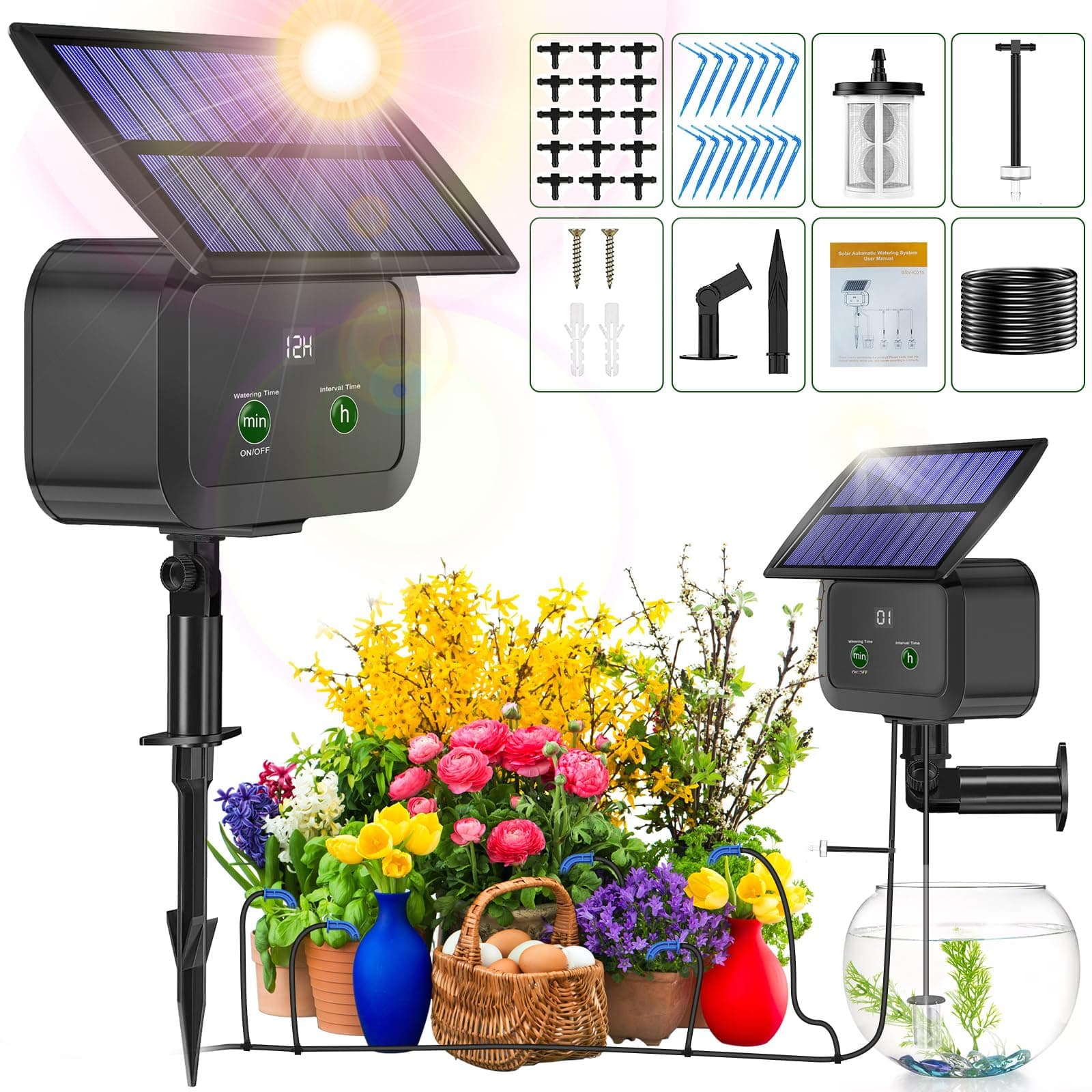 Solar Drip Irrigation System Kit, Automatic Watering System with 30 Working Modes & 10 Watering Interval Supports 15 Potted Plants, Solar Powered Drip Irrigation Kit for Outdoor/Indoor Garden, 2200mA