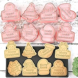 8 Piece Mini Cookie Cutters - 3D Raised Design Cookie Stamps, Mini Blessings, Snowman, Elk, Santa Baking Molds, Christmas Ornament Set