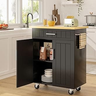 SUNLEI Kitchen Island Cart on Wheels with Storage Cabinet & Drawer, 26" Width Rolling Kitchen Table, Cart Handle for Towel Rack or Free Mobility, Kitchen Cart, Dining Room(Black)