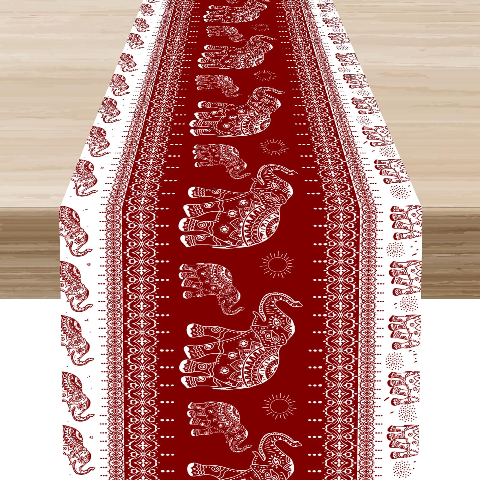 Elephant Table Runner, Red Traditional Bohemian Elephant Retro Tribal Pattern Table Center Decor for Home Kitchen Dining Decorations Indoor Outdoor 13x90 inch