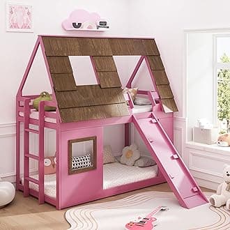 Polibi Wood Twin Size House Bunk Bed with Window,Brown Roof Shape Design,Ladder and Climbing Ramp, Bunkbed Frame for Boys & Girls,Brown+Pink