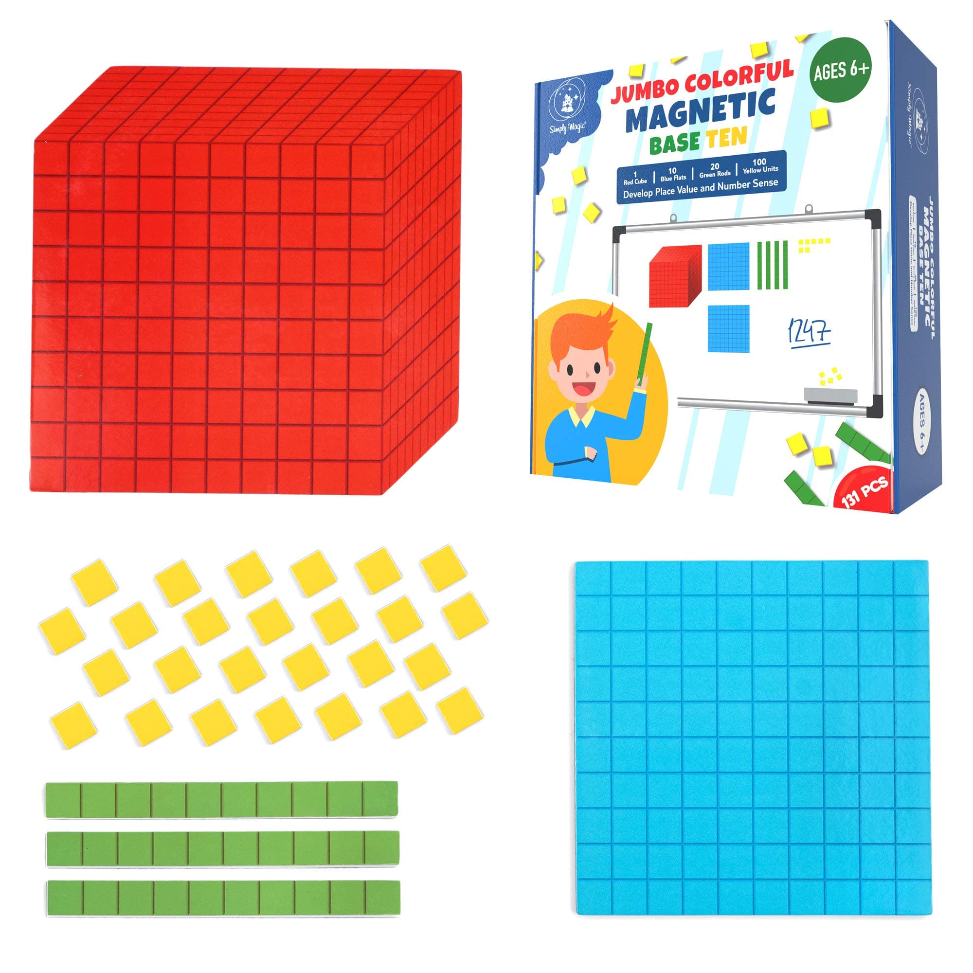 - 131 PCS Jumbo Magnetic Base Ten Blocks for Math - Place Value Blocks, Base 10 Math Manipulatives K-3, Number Blocks, Math Counters for Kids, Math Cubes, Counting Blocks, Kindergarten 1st 2nd 3rd Grade