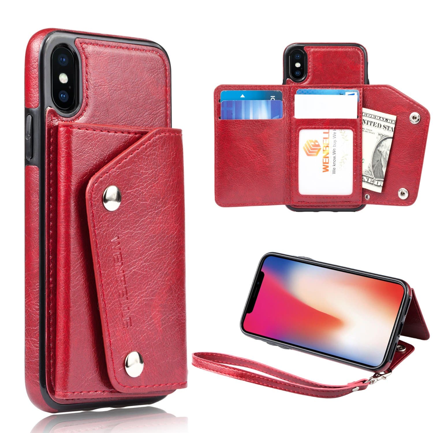 WenBelle Slim Wallet Case for iPhone Xs (2018) / iPhone X (2017),Leather Case with Credit Card Holder Slot & Combination,Durable Shockproof Protective Case 5.8 inch (Red)