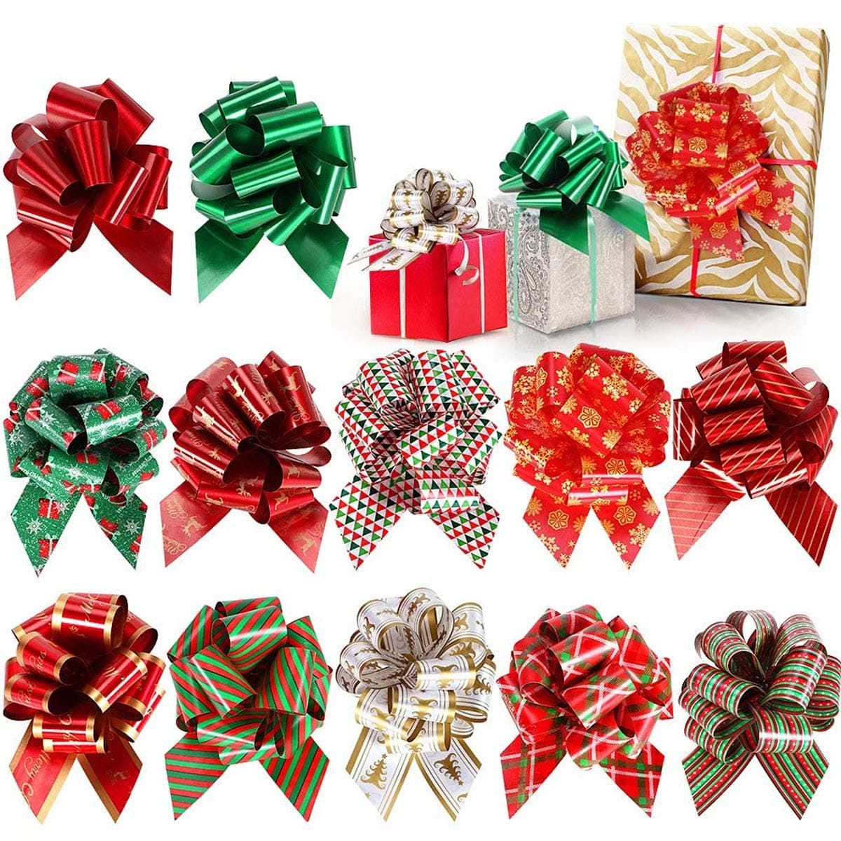 Christmas Gift Pull Bows, Besteek 200 Pcs Christmas Present Bows Gift Ribbon Bow for Gift Wrapping or Floral Decoration, Christmas Pull Bows (200 Pcs)