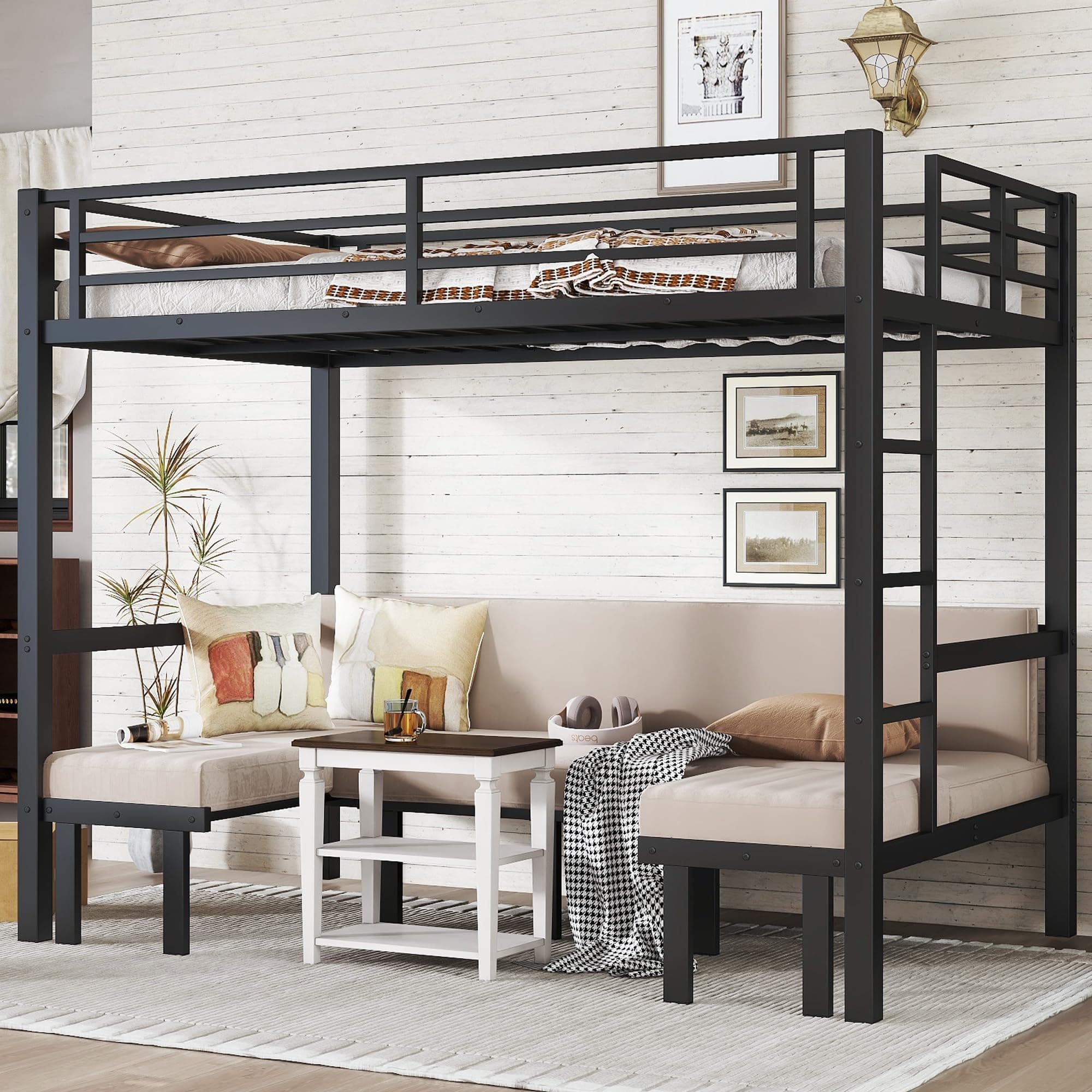 Full Over Full Bunk Bed for Adults, Heavy Duty Bunk Bed can Turns into Full Size Loft Bed with U-Shaped Sofa, Adults Bunk Bed with Safety Rails and Side Ladder, Black(Not Include Cushion)