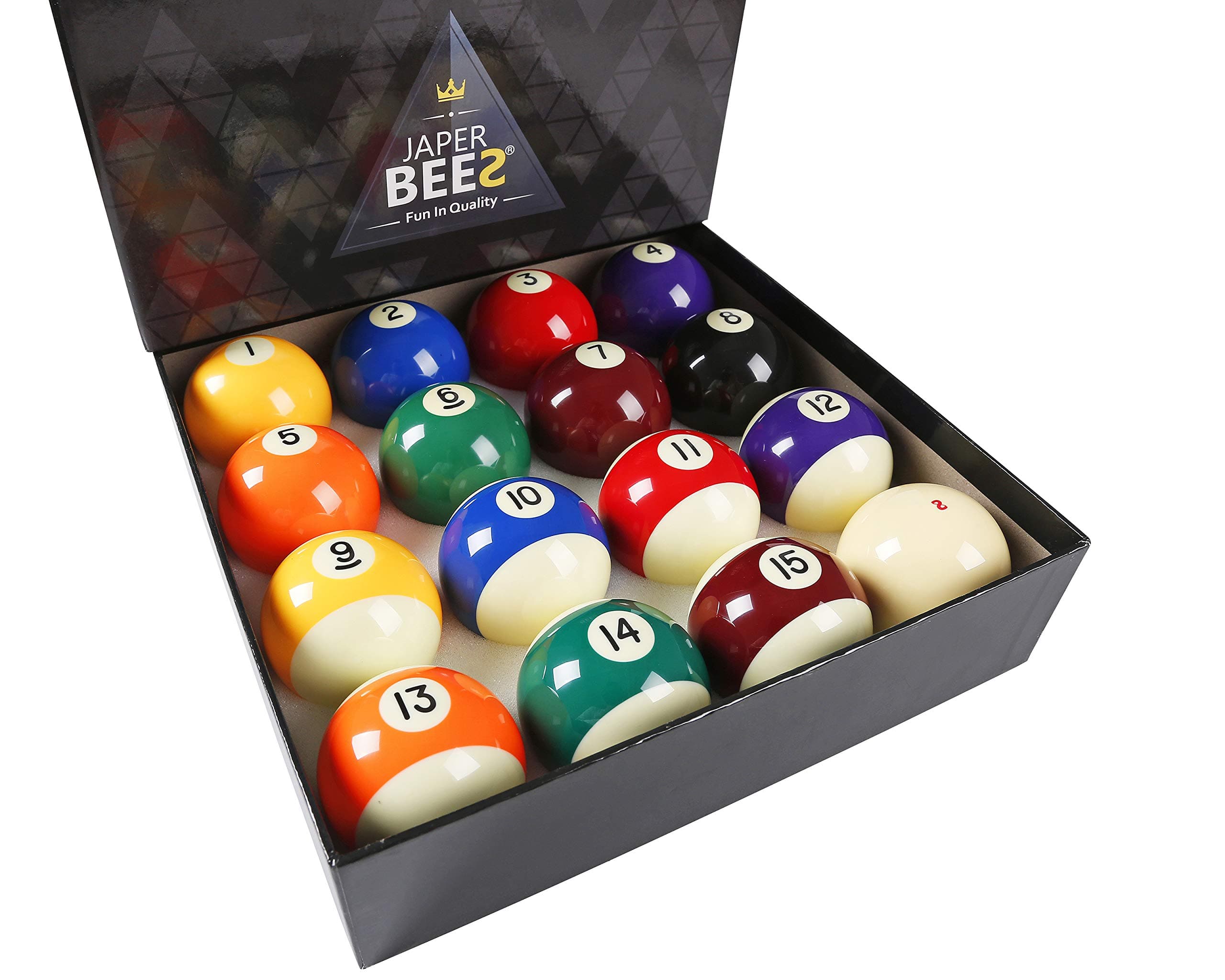 JAPER BEES Professional Billiard Ball/Pool Ball Set,Complete 16balls, 2 1/4 inch Regulation Size&5.9OZ Weight, Resin Ball
