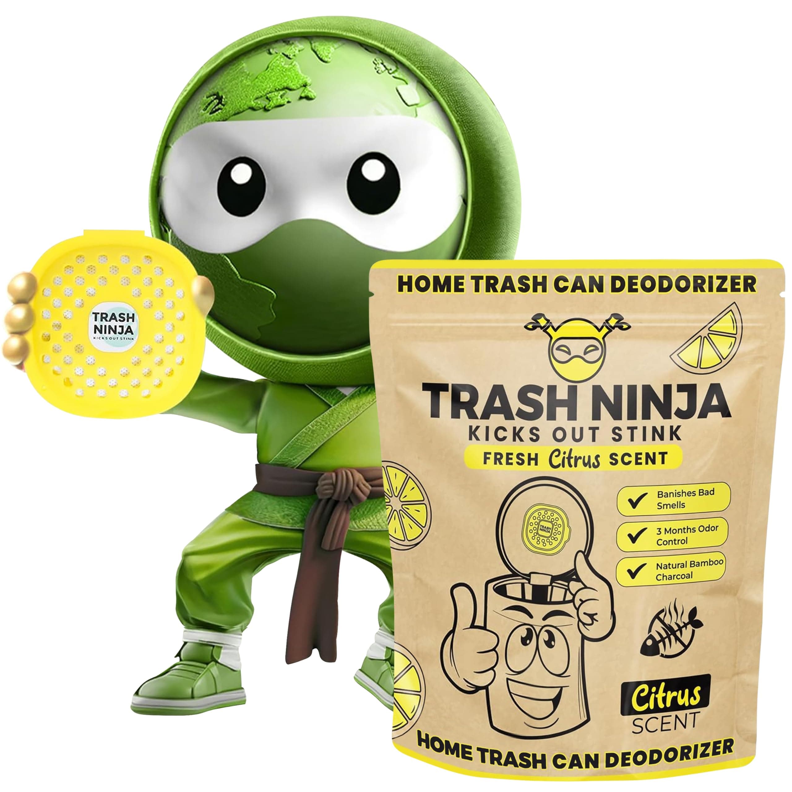 Trash Ninja Trash Odor Eliminator – Long-Lasting Citrus Scent Deodorizer with Activated Charcoal, Stick-On Freshener for Garbage Can, Fridge, Bathroom, Kitchen, and Diaper Pail Odors