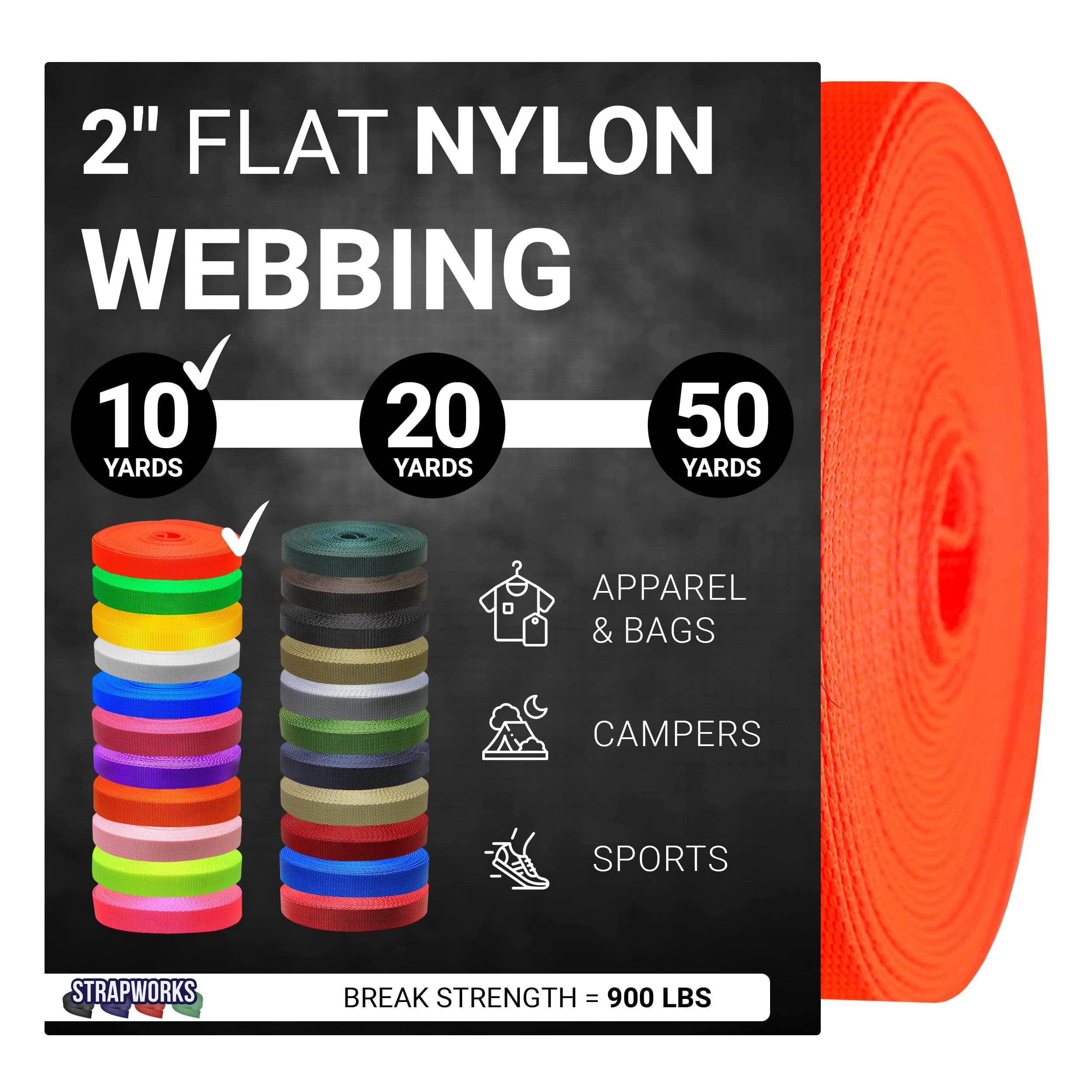 2 Inch Heavy Duty Nylon Webbing Strap Roll for Belt, Backpack, Sling, Collar, Leash, Strapping and More, 10, 20, or 50 Yards, Over 20 Colors