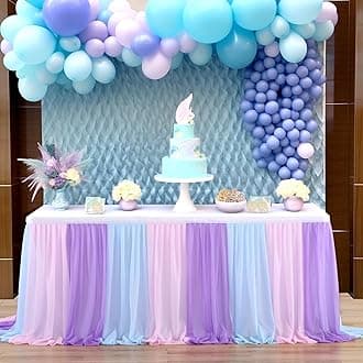 Mermaid Tulle Table Skirt Blue Pink Purple Striped Table Skirts for Rectangle Tables Frozen Baby Shower Mermaid Birthday Parties Decoration 14ft