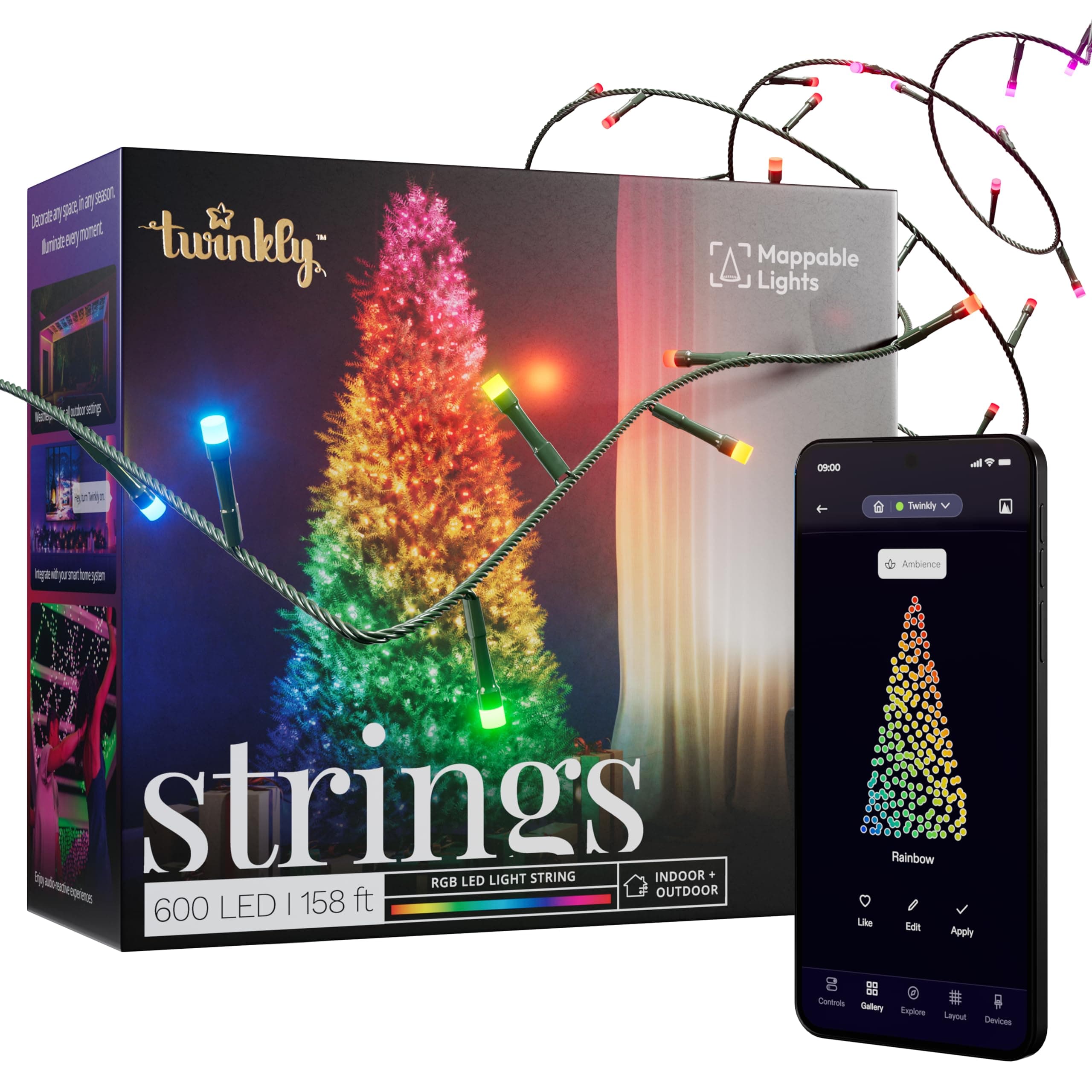 Strings 600 LED RGB, LED Light String, Smart Multicolor LED Lights, Christmas Lights, Mappable LEDs, IP44, Green Wire, Packaging May Vary, 157.5ft