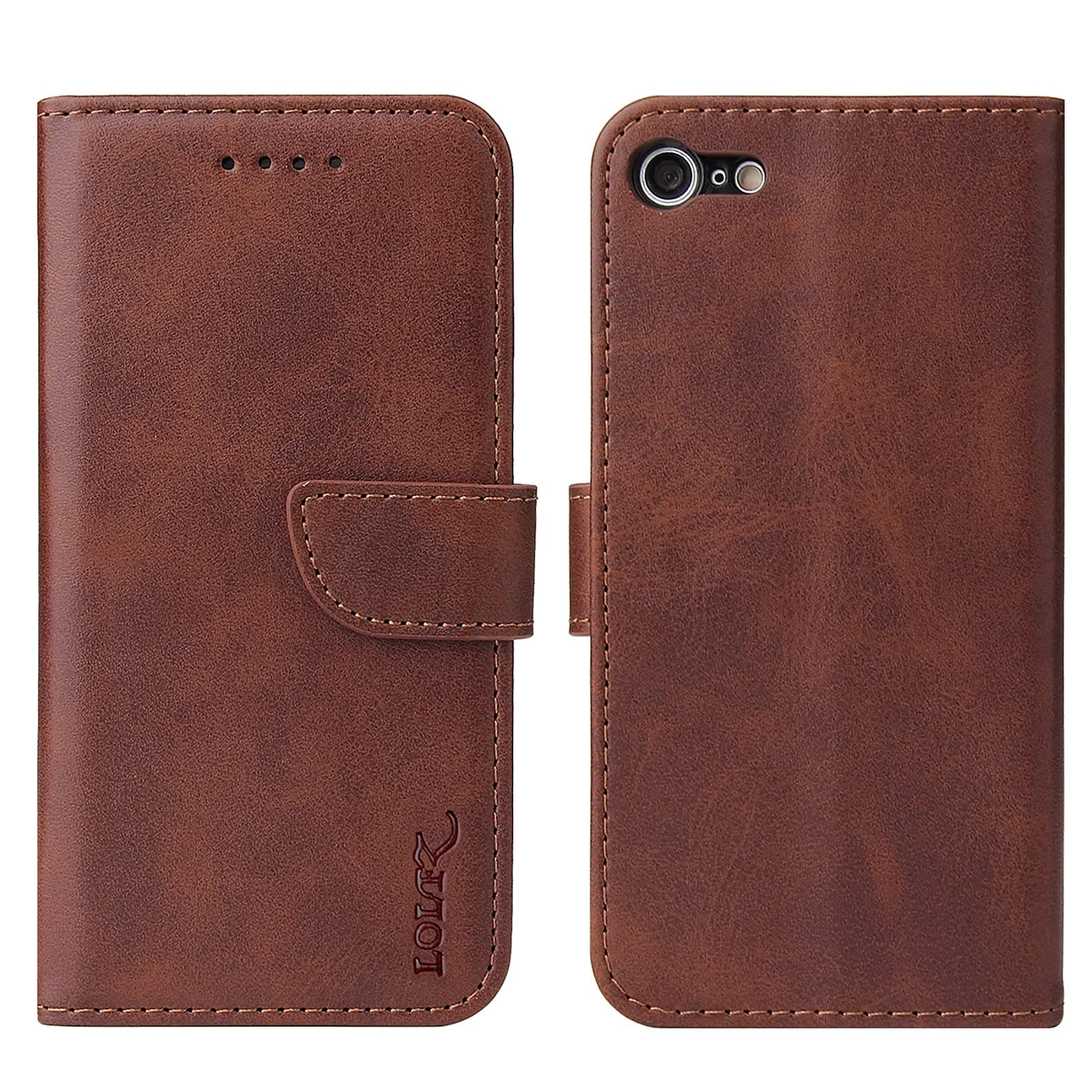 LOLFZ Wallet Case for iPhone 7/8/SE 2020/SE 2022, Vintage Leather Book Case with Card Holder Kickstand Magnetic Closure Flip Case Cover - Brown