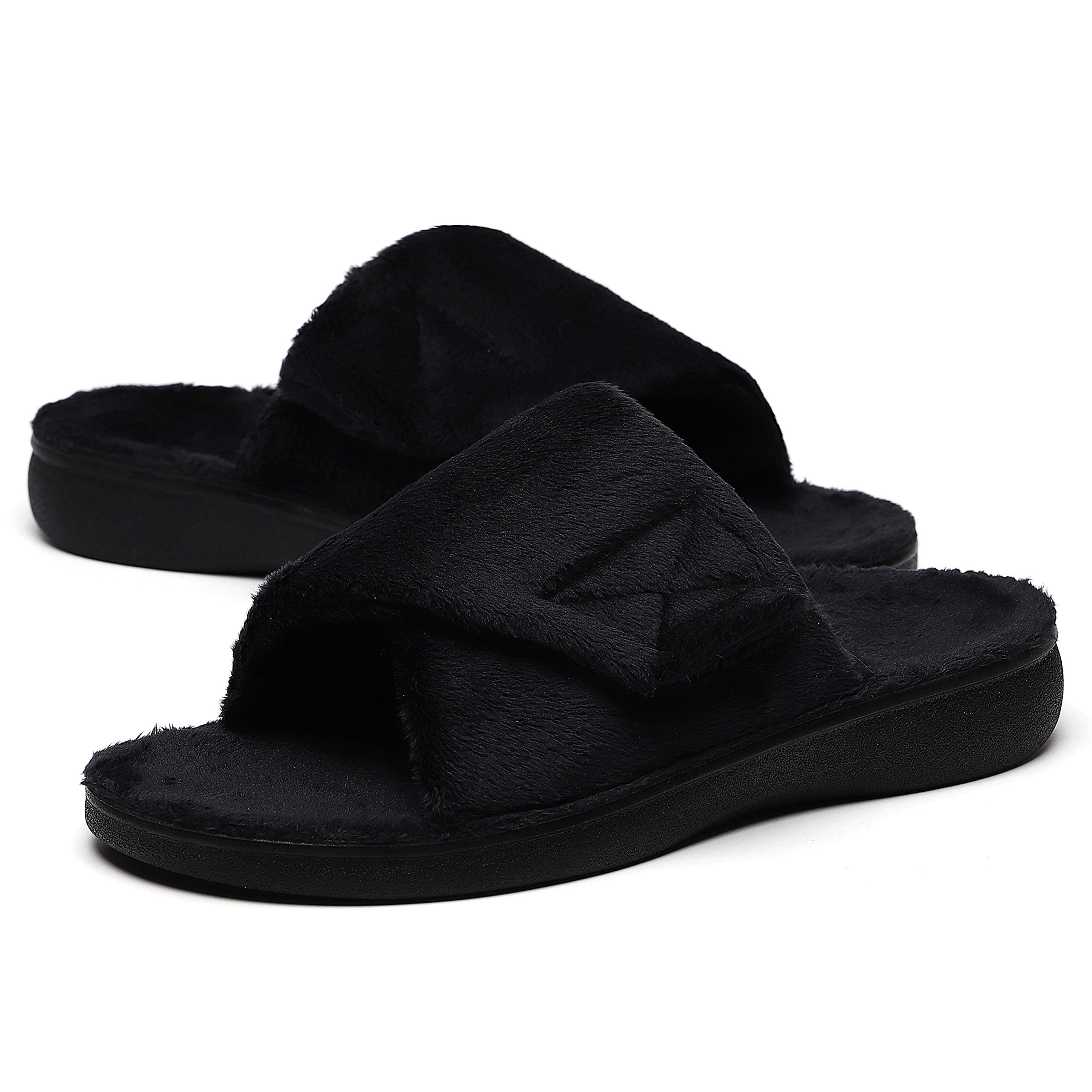 SOLLBEAM Fuzzy House Slippers With Arch Support Orthotic Heel Cup Sandals For Women, Black01, 8.5