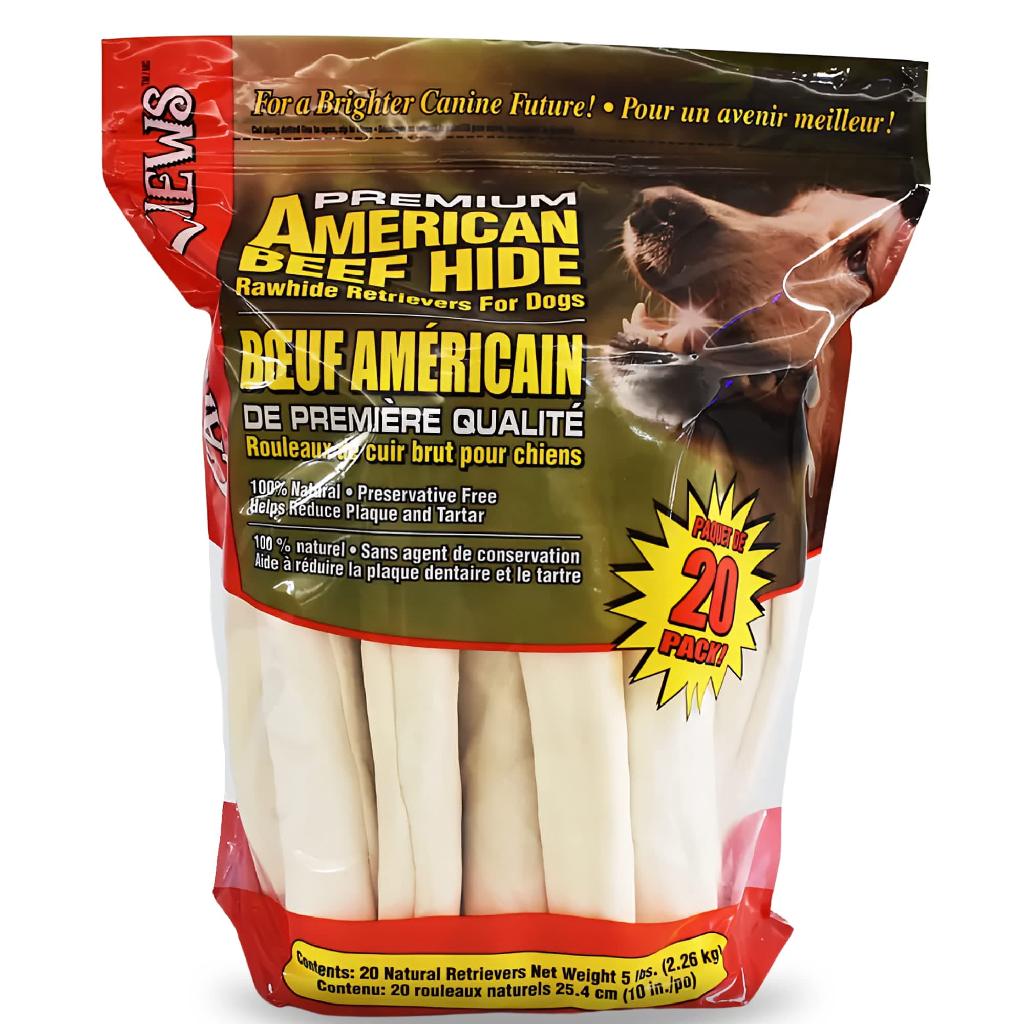 10-11" Rawhide Bones for Large Dogs, Durable USA Beefhide Dog Rawhide Chews, Retriever Rolls 20 Pack (5 lbs)