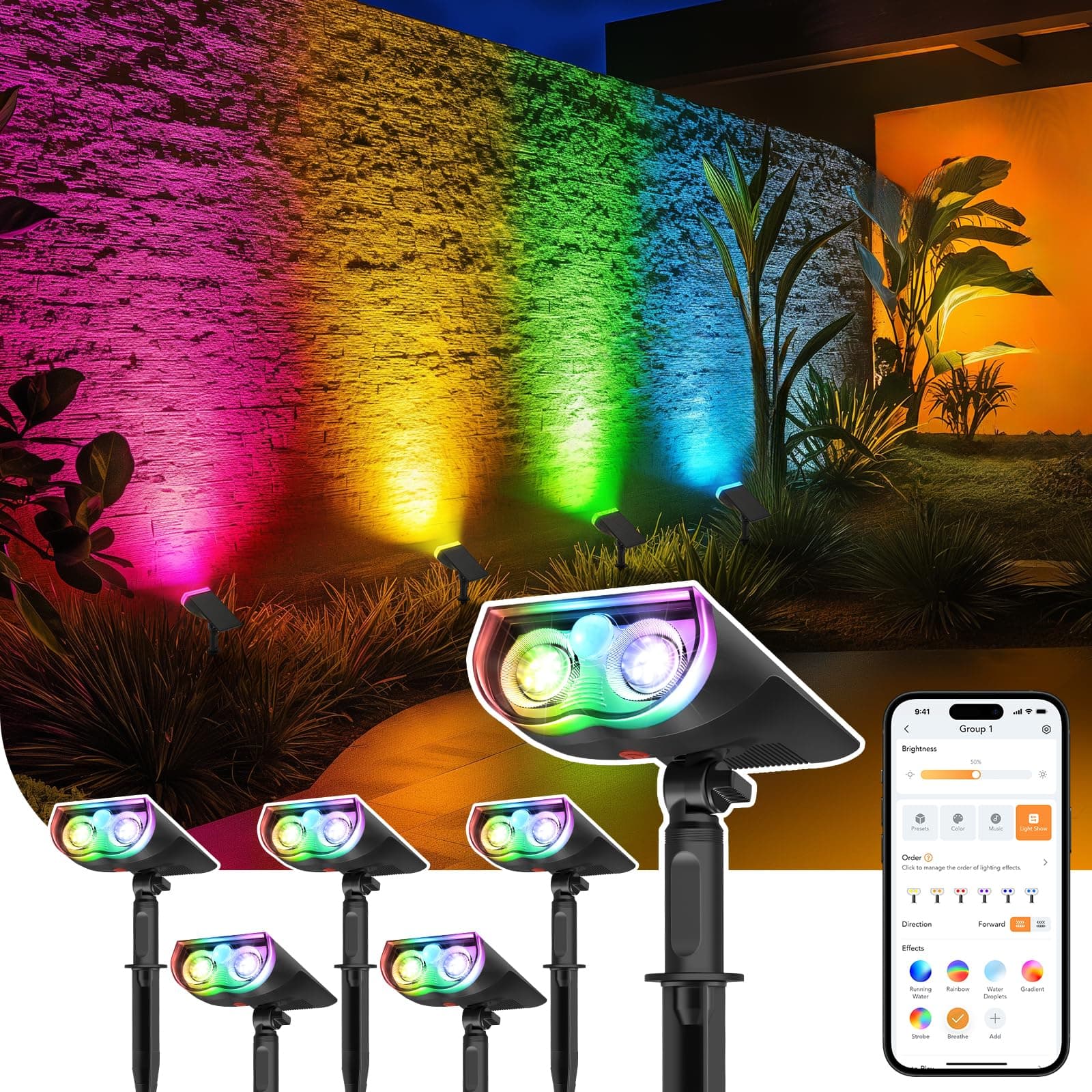 Linkind Smart Solar Lights Outdoor SL5 with Motion Sensor, APP Control Color Changing Solar Spot Lights Outdoor Waterproof, IP65 Landscape Lighting for Yard, Garden, Patio, Path(6 Pack)