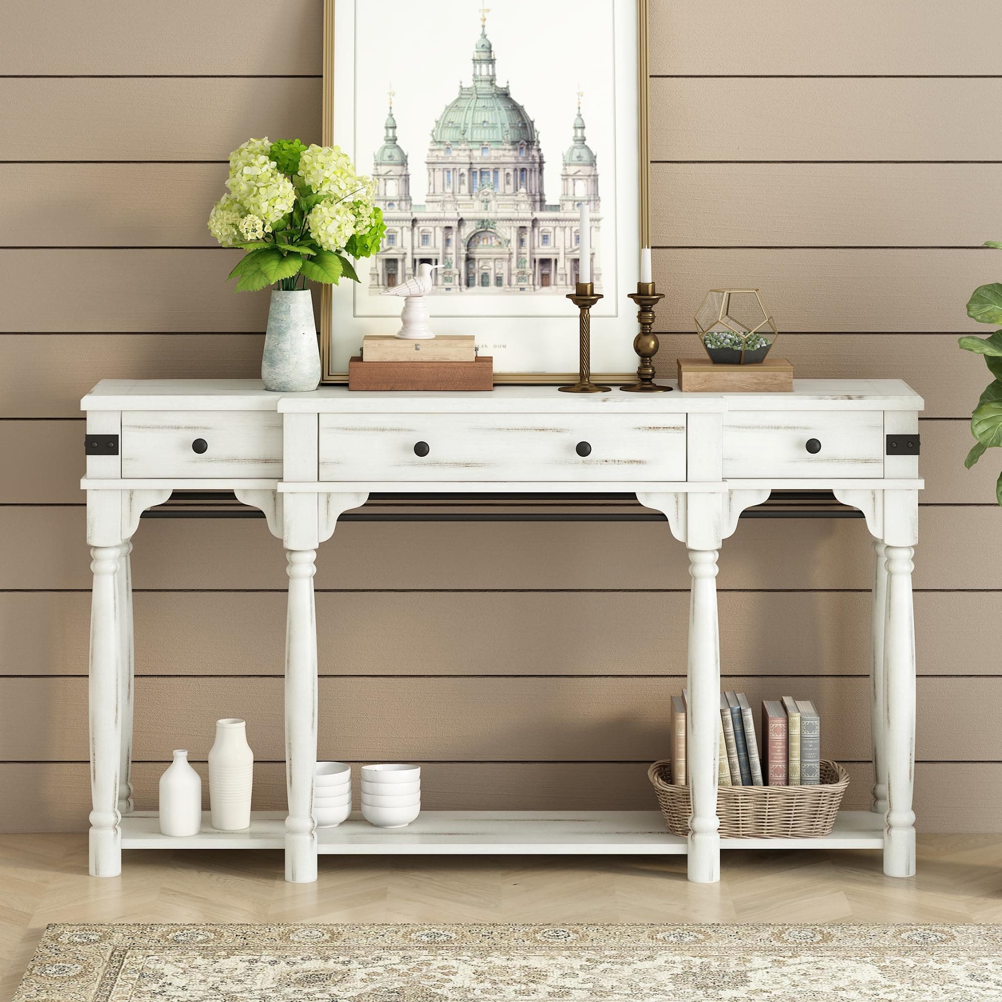 Mediterranean Retro-Style 60" Console Table, Wooden Sideboard with Storage Drawers and Bottom Shelf, Multifunction Sofa Tables for Hallway, Entryway, Bedroom, Living Room (Creamy White-60”L-A0)