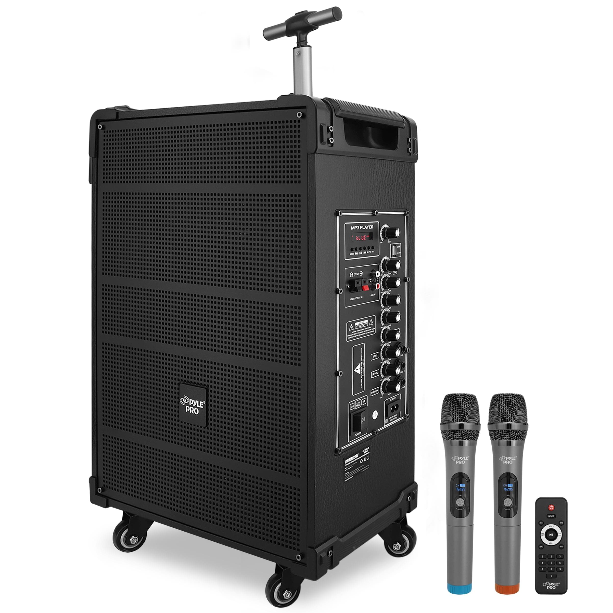 Pyle 12'' Portable Wireless Bluetooth Speaker System - Built-in Rechargeable Battery, Wireless Microphone, USB/Micro SD/FM - 80 Watt - FM Radio with Digital LED Display, PWMA1299A