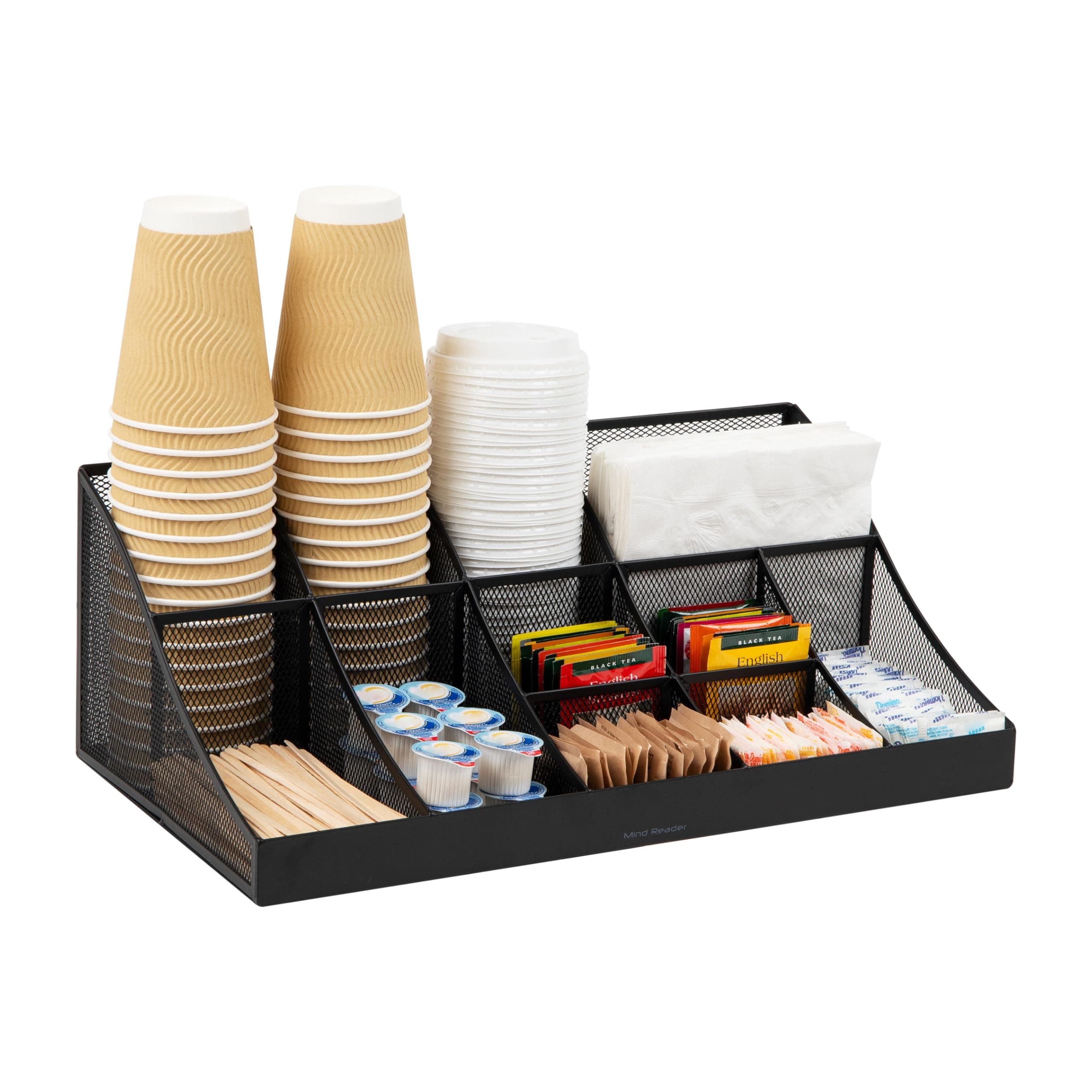 COMORGMESH-BLK 11-Compartment Coffee Cup and Condiment Countertop Organizer, Metal Mesh, 17.875" L x 9.5" W x 6.625" H, Black