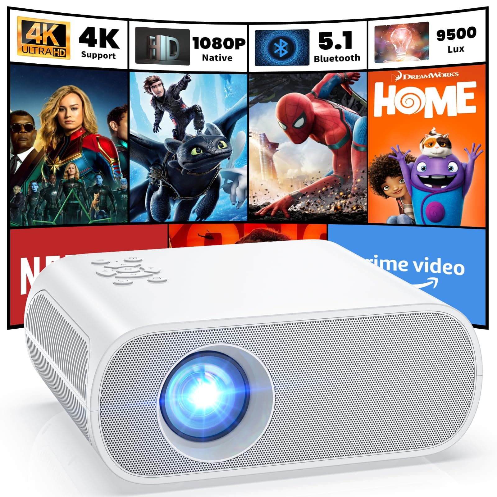 Projector, Native 1080P Full HD Bluetooth Projector with Speaker, 9500 Lumens Outdoor Portable Movie Mini Projector Compatible with Laptop, Smartphone, TV Stick, Xbox, PS5