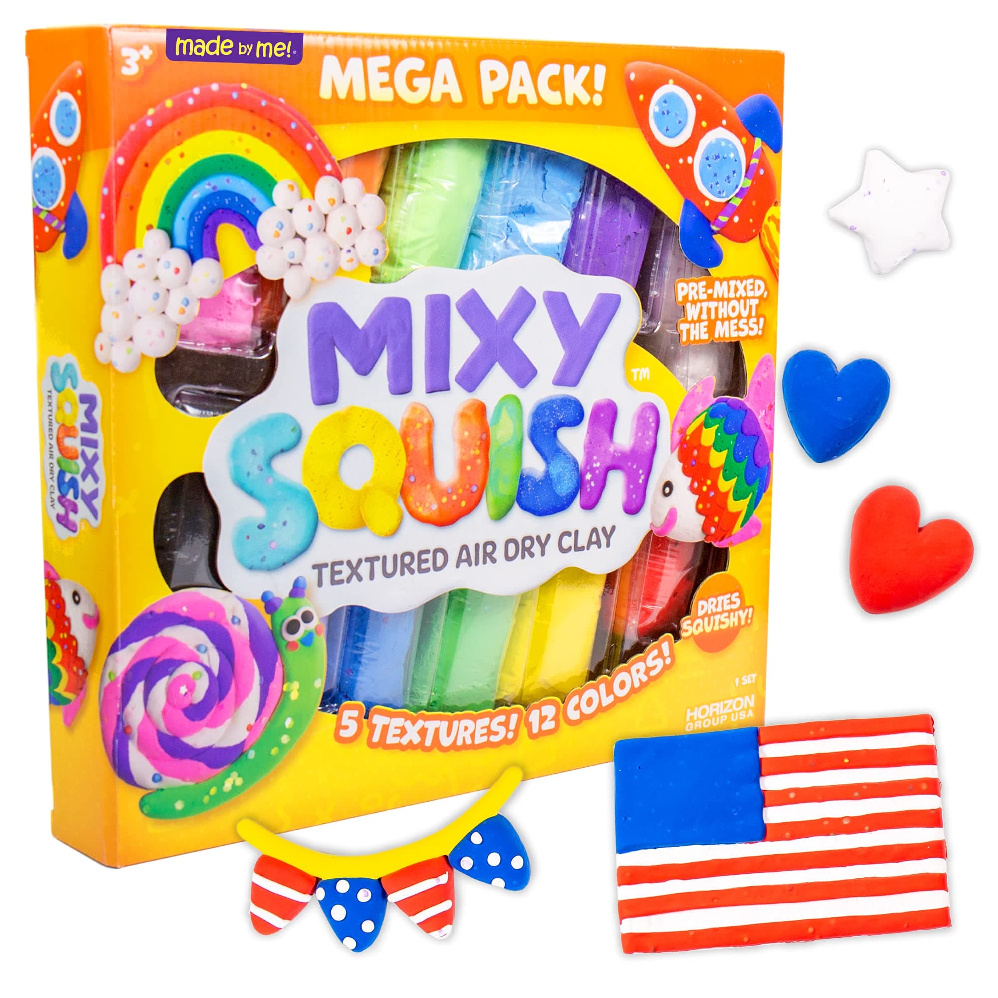 Made By Me Mixy Squish Rainbow Mega Pack Horizon Group USA, Includes 12 oz. of Pre-Made Air Dry Clay, Sensory Play, 12 Colors, 5 Different Crunchy, Bumpy, Soft Textures, Dries Squishy & Smooth