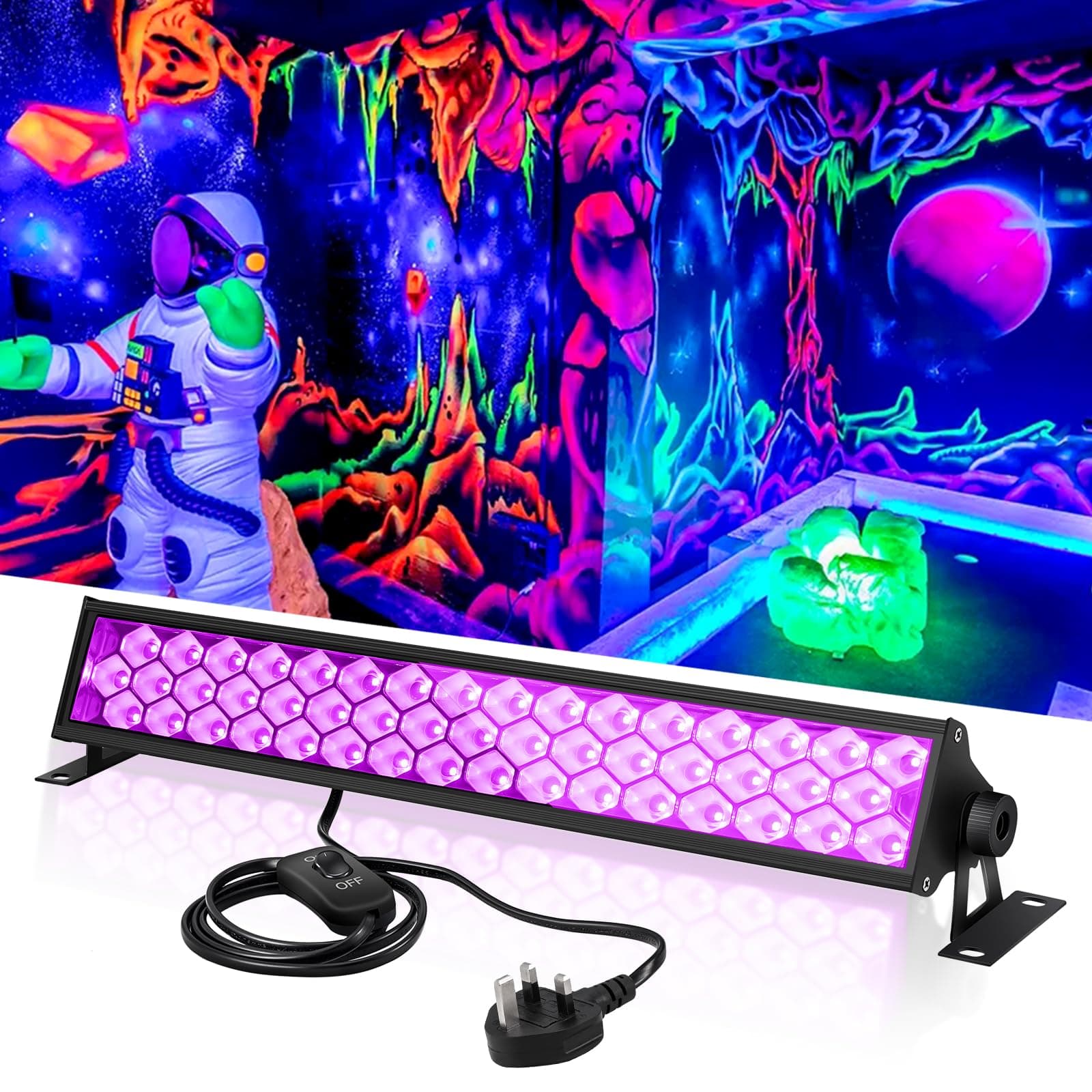 Anpro 72W UV Black Light Bar, 48 LED USB Blacklight with Fluorescent Tapes, 4.5ft Adjustable Black Light Bar for Fluorescent Poster Glow Party Body Paint, Halloween Decorations, Cabinet