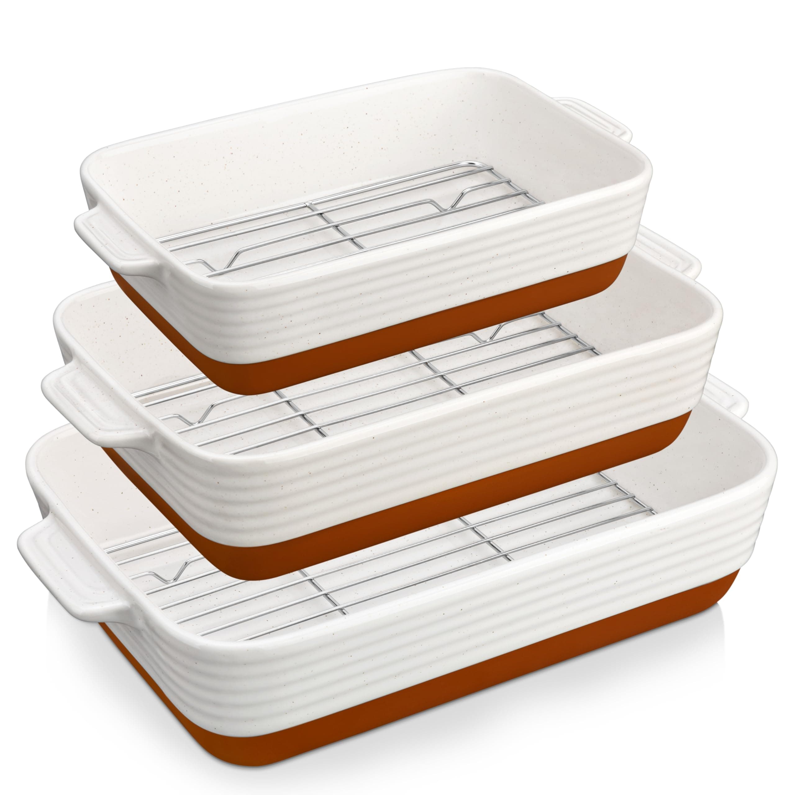 MALACASA Ceramic Baking Dish Set with Roasting Racks, 1.45/2.7/3.8L Deep Casserole Dishes for Oven, Rectangular Lasagne Dish with Handles, Set of 3, Khaki White (14.5"/13"/10.5"), Series Tara