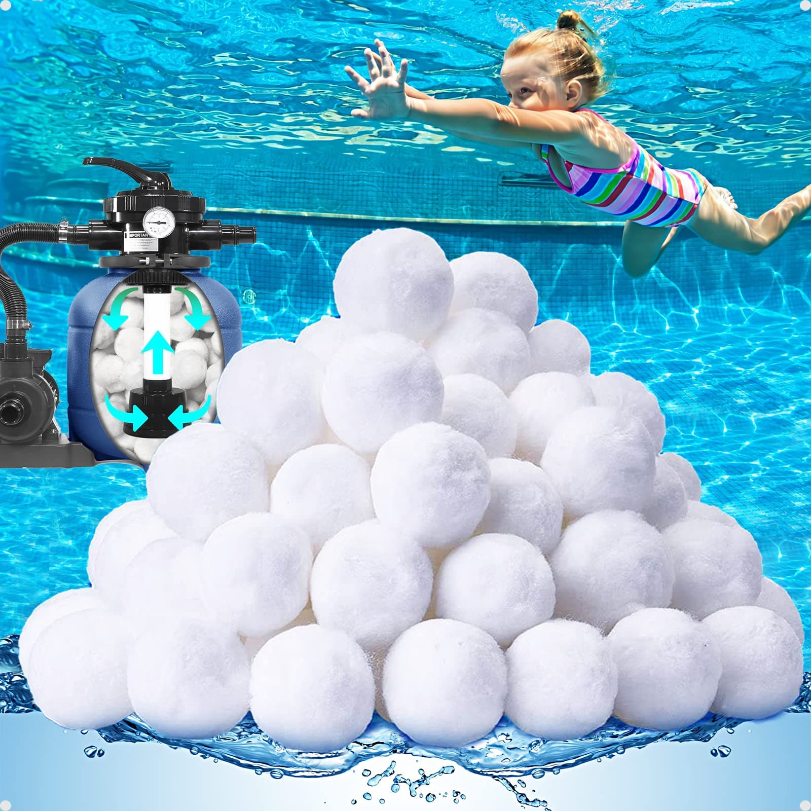 QwayHome 1.54 lbs Pool Filter Balls, Reusable Filter Fiber Balls for Above Ground Pool Sand Pump, Eco-Friendly, Efficient, Clean Water, Equals 55 lbs Filter Sand, White