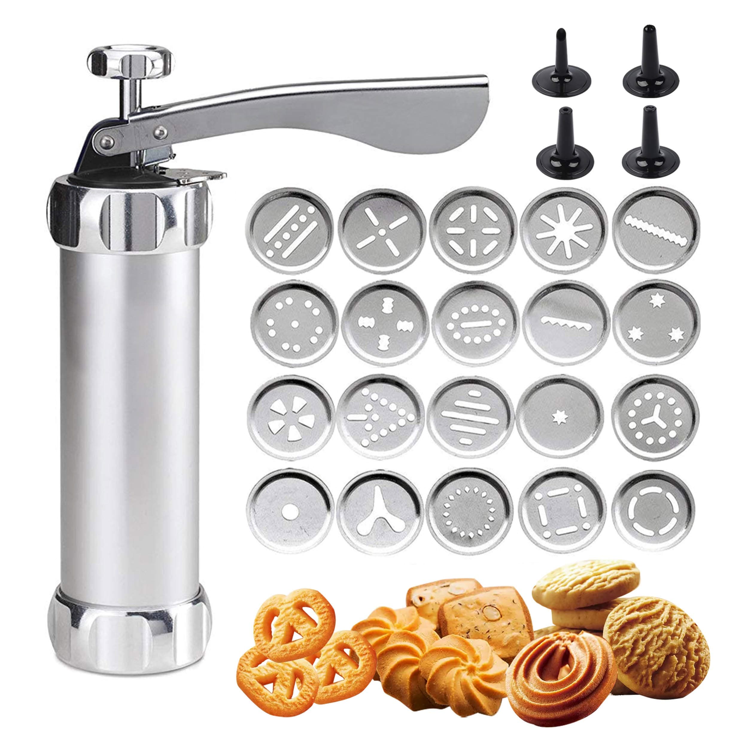 Shule Cookie Press Gun Kit for DIY Biscuit Maker and Decoration with 20 Stainless Steel Cookie discs and 4 nozzles, Silver